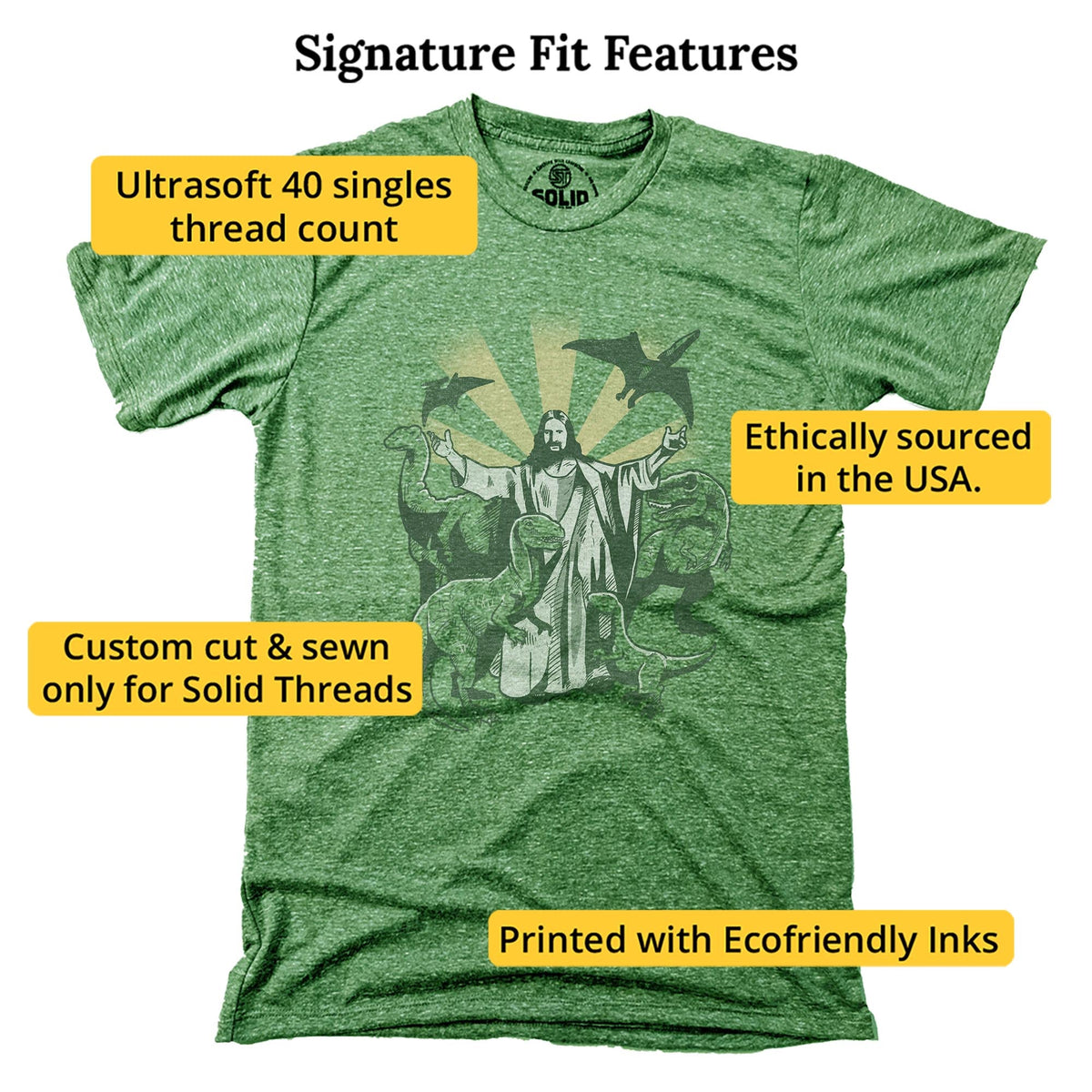 Jesus And The Dinosaurs Vintage Signature T-shirt in Triblend Kelly - Fit Attributes