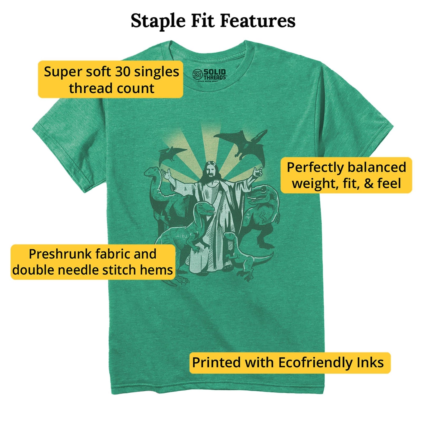 Jesus And The Dinosaurs Vintage Staple T-shirt in Kelly Heather - Fit Attributes