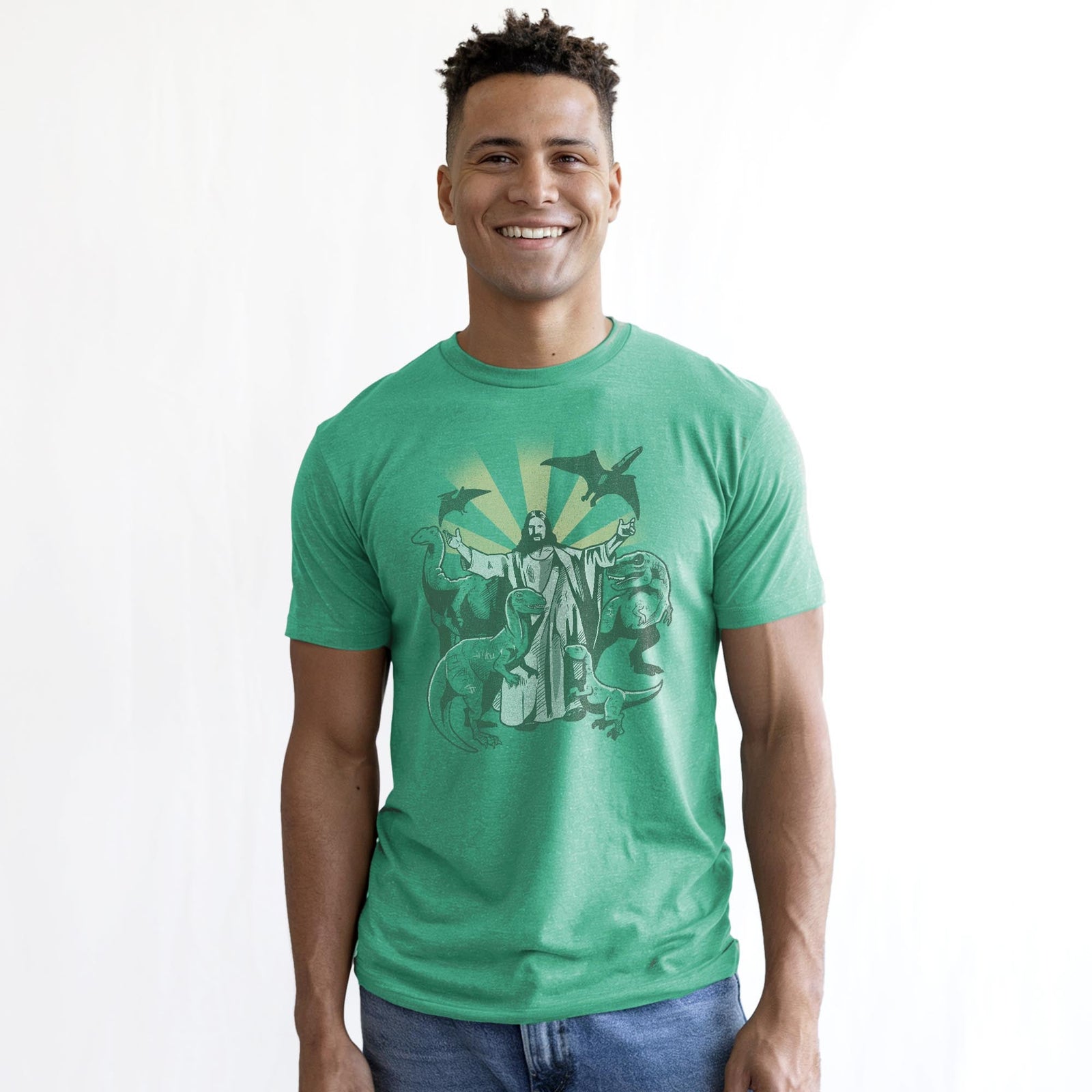 Jesus And The Dinosaurs Vintage Staple T-shirt in Kelly Heather On Model - Front View