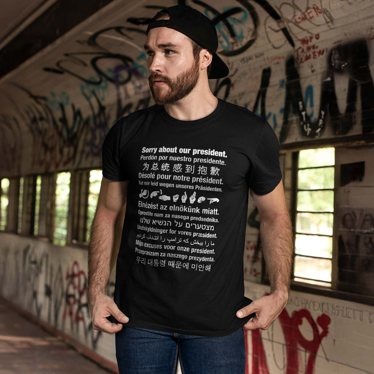 Men's Sorry About Our President Cool Graphic T-Shirt | Designer Political Trump Apology Tee On Model | Solid Threads