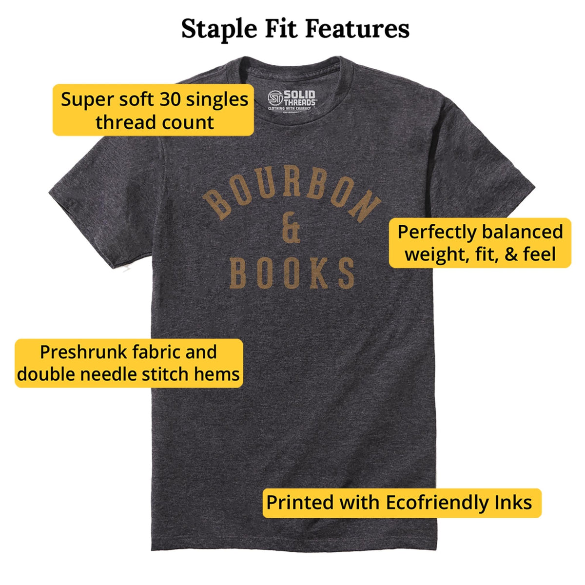 Bourbon &amp; Books Funny Staple T-shirt in Charcoal Heather - Fit Attributes