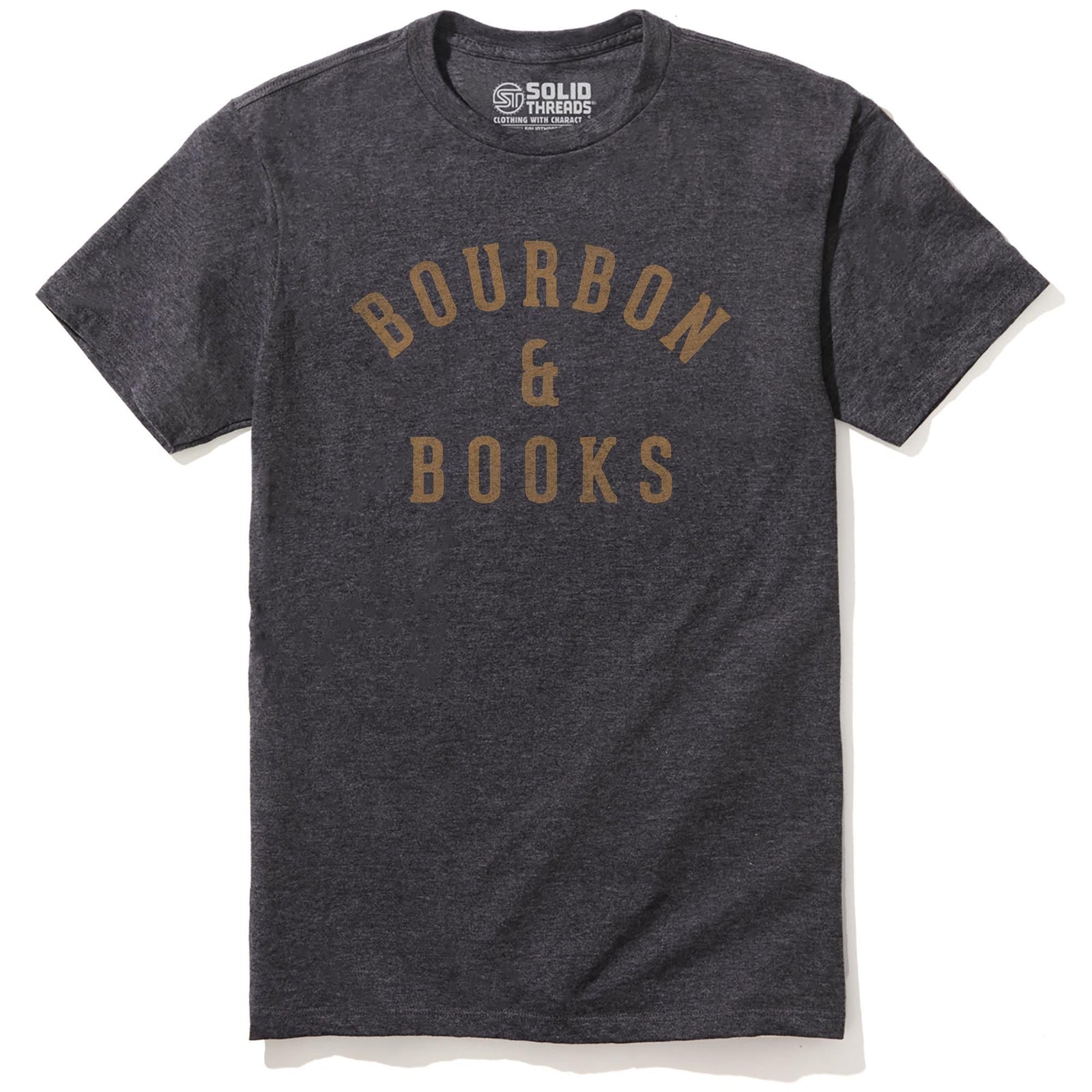 Bourbon &amp; Books Funny Staple T-shirt in Charcoal Heather - Front View