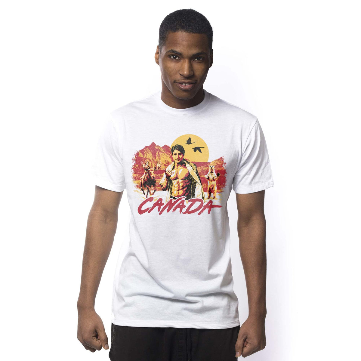 Men's Canada Designer Graphic T-Shirt | Funny Justin Trudeau Moose Tee On Model | Solid Threads
