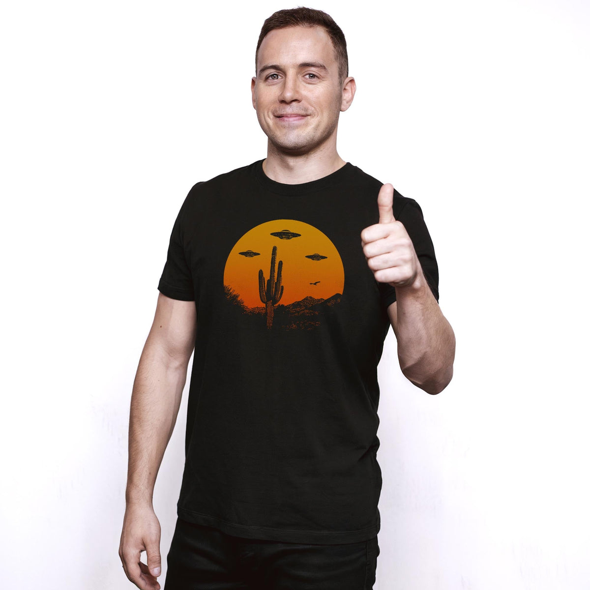 Ufo Country Designer Staple T-shirt in Black On Model - Front View