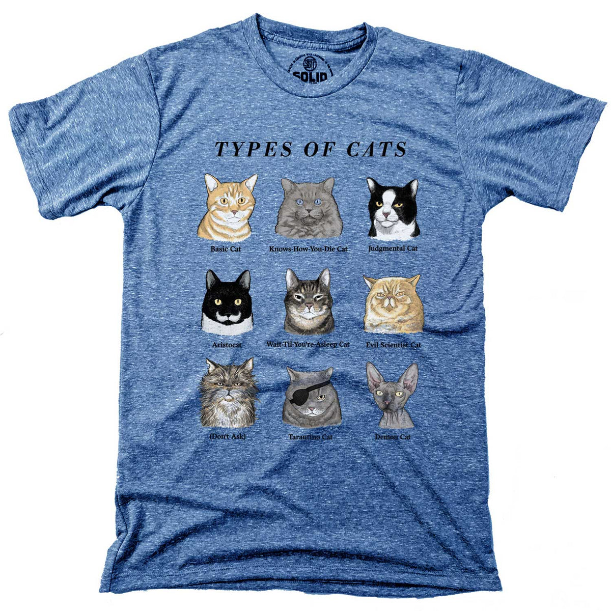 Men&#39;s Types Of Cats Vintage Feline Graphic T-Shirt | Funny Chart Pet Parent Tee | Solid Threads