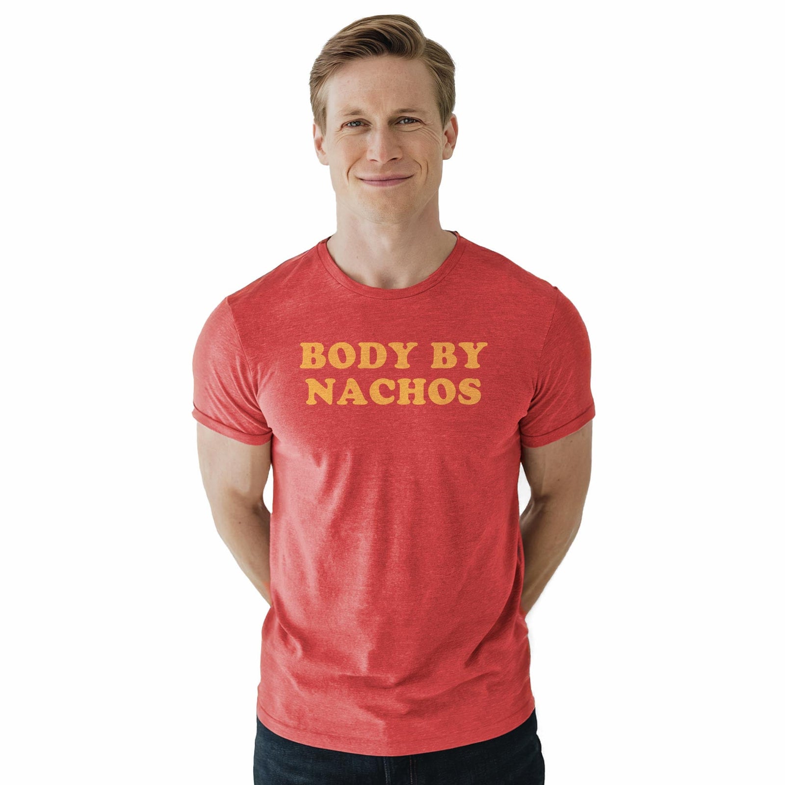 Body By Nachos Funny Staple T-shirt in Red Heather On Model - Front View