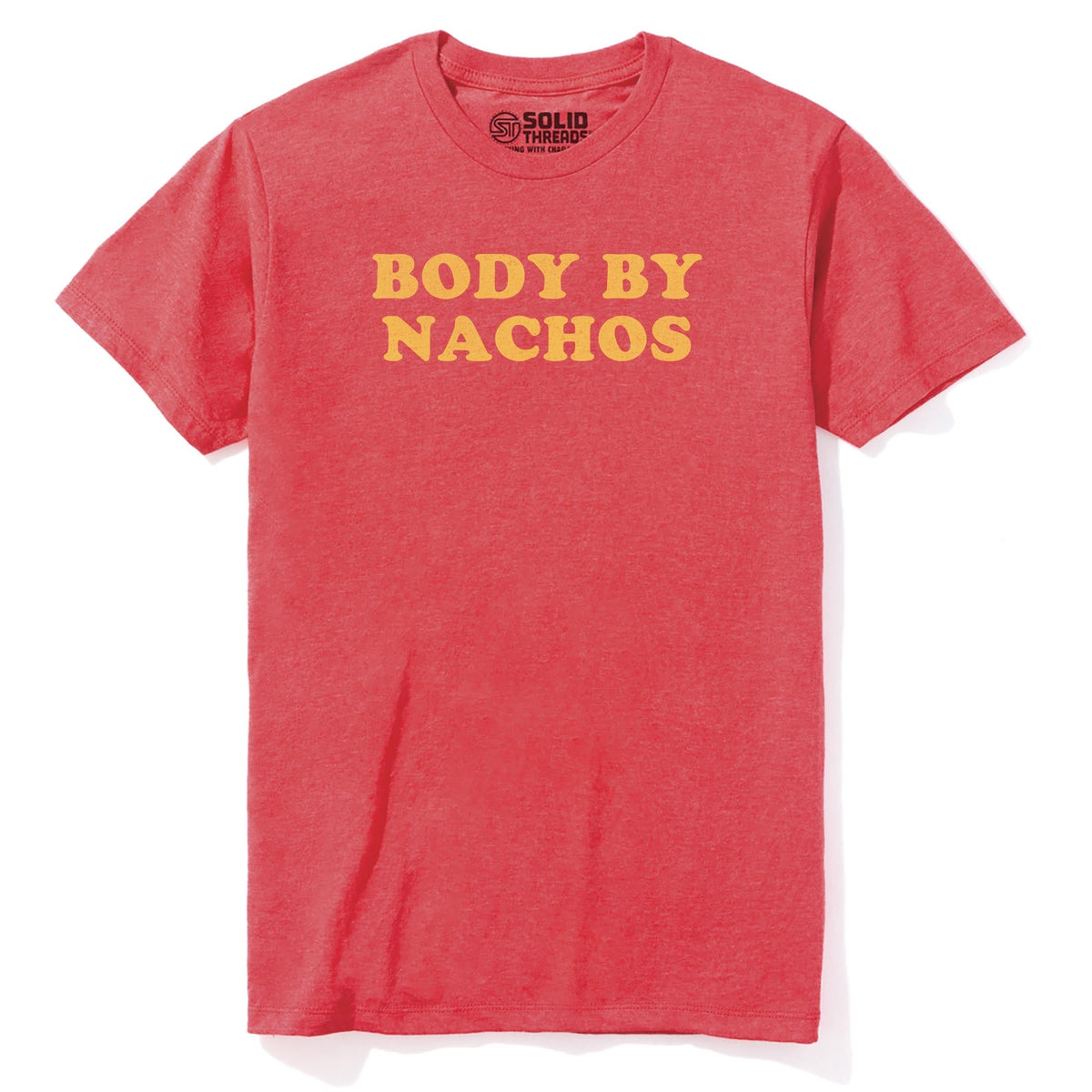 Body By Nachos Funny Staple T-shirt in Red Heather - Front View
