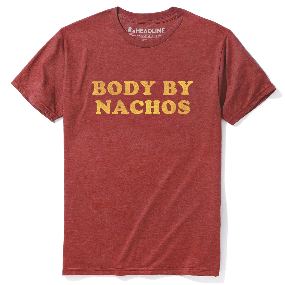 Men&#39;s Body By Nachos Funny Junk Food Graphic T-Shirt | Vintage Cheese Snack Tee | Solid Threads