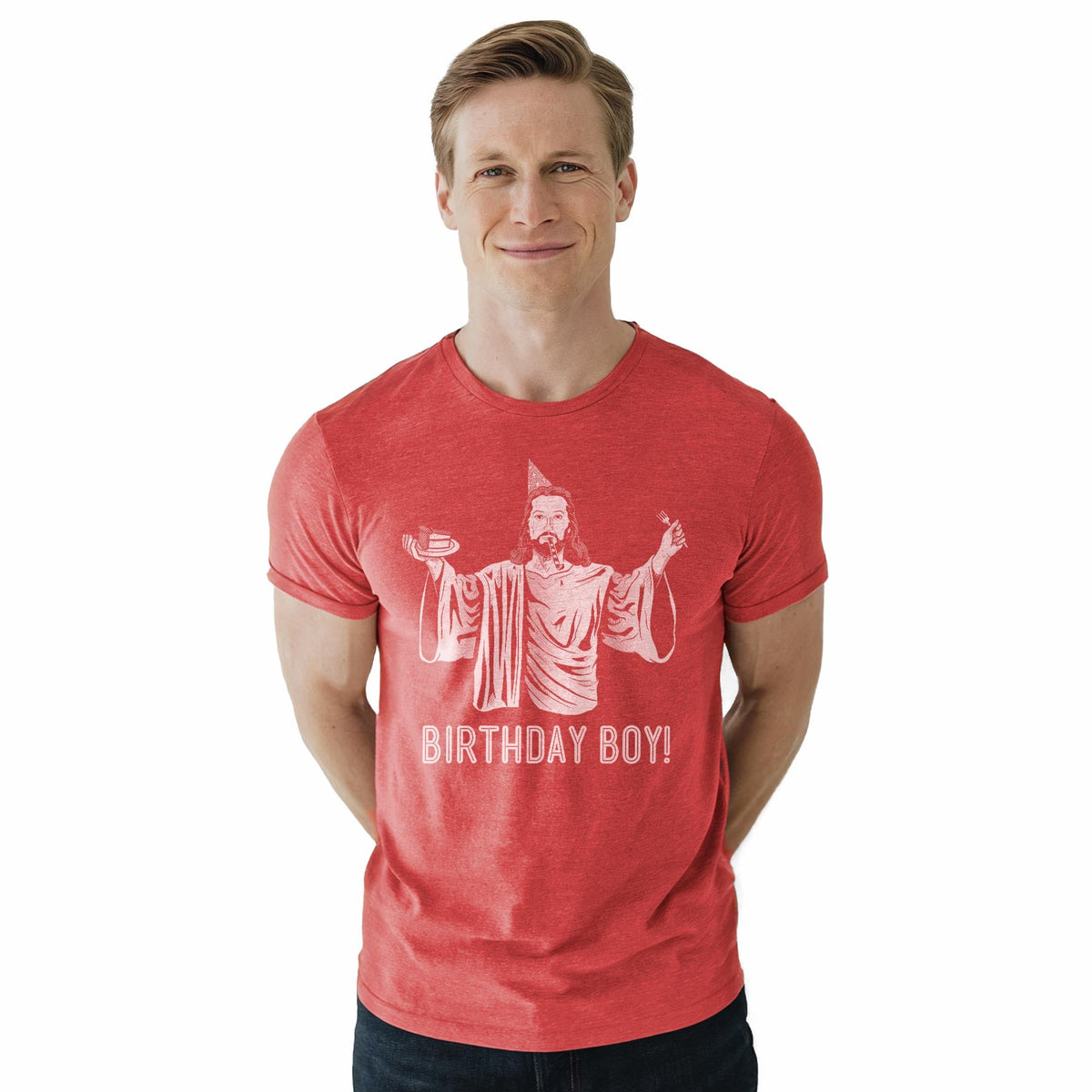 Birthday Boy Funny Staple T-shirt in Red Heather On Model - Front View