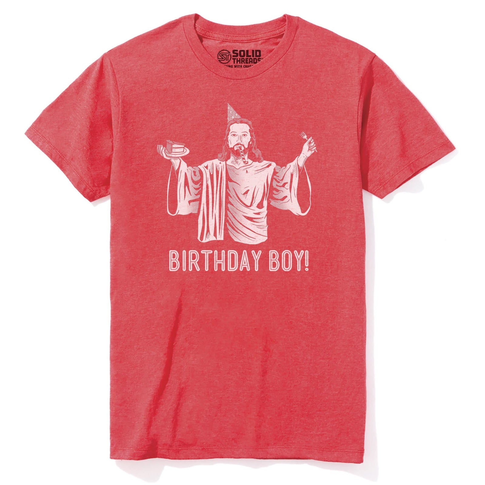 Birthday Boy Funny Staple T-shirt in Red Heather - Front View