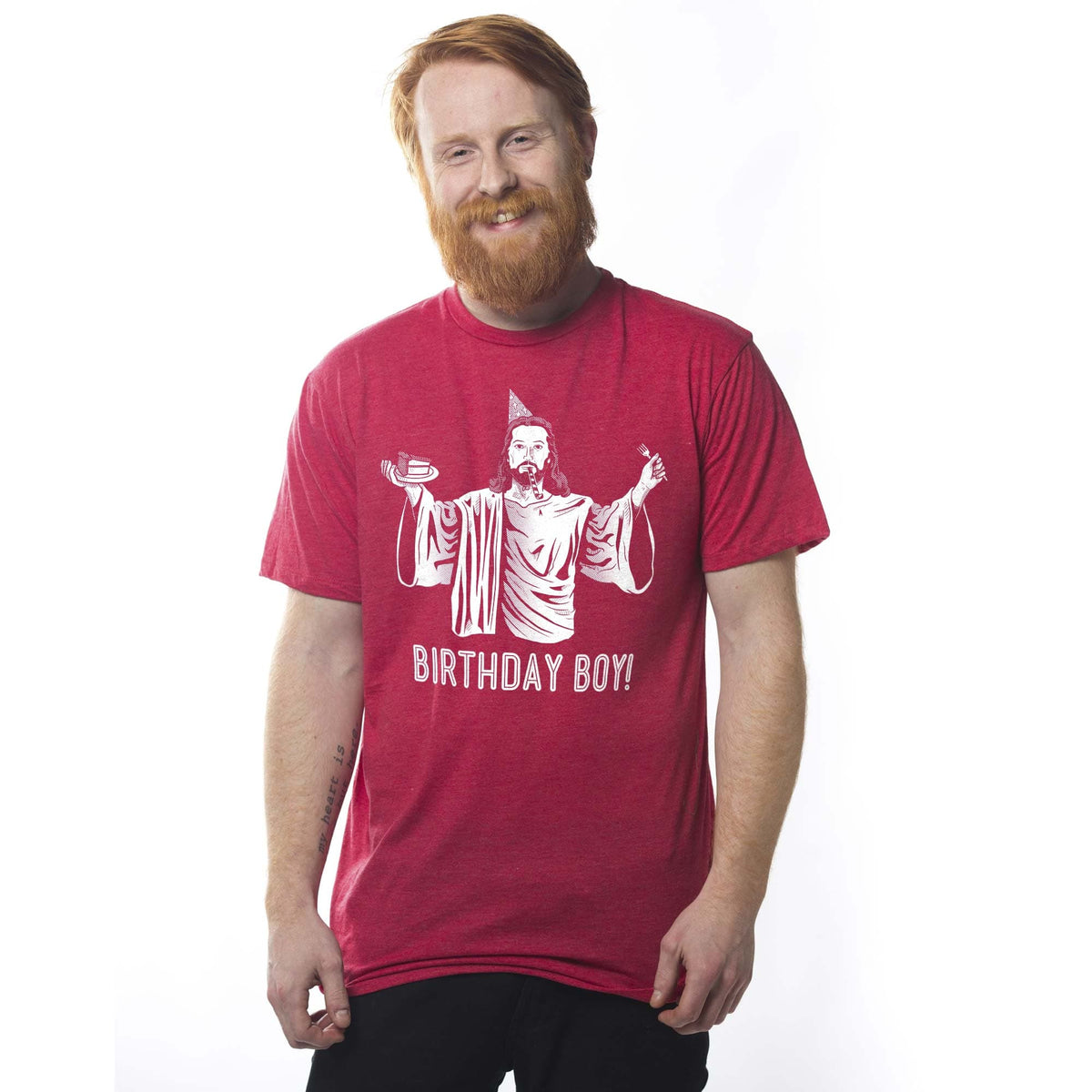 Men's Birthday Boy Funny Graphic T-Shirt | Designer Jesus Christmas Parody Tee On Model | Solid Threads