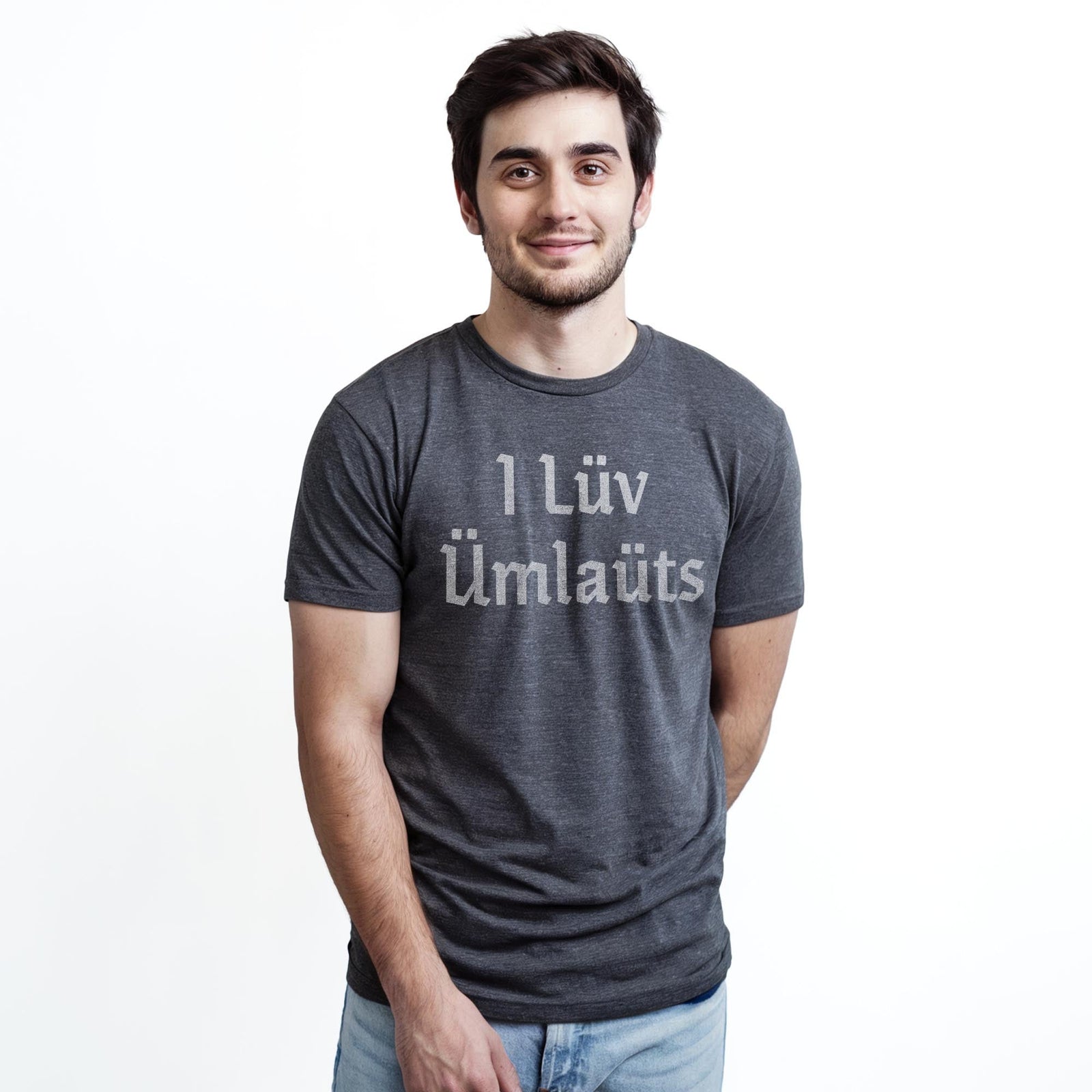 I Lüv Ümlauts Funny Staple T-shirt in Charcoal Heather On Model - Front View