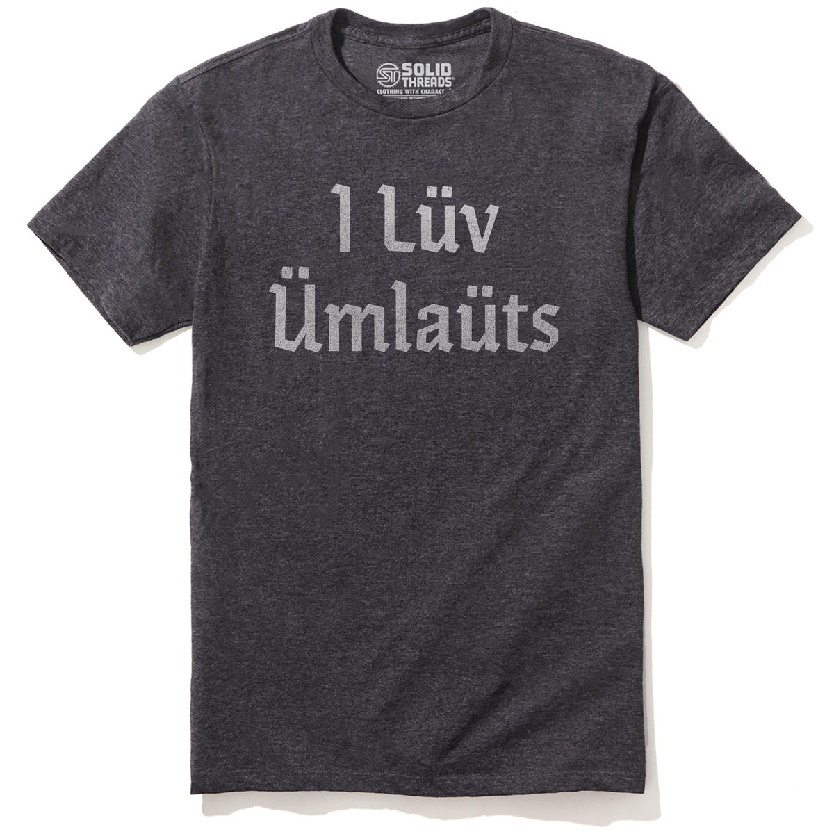 I Lüv Ümlauts Funny Staple T-shirt in Charcoal Heather - Front View