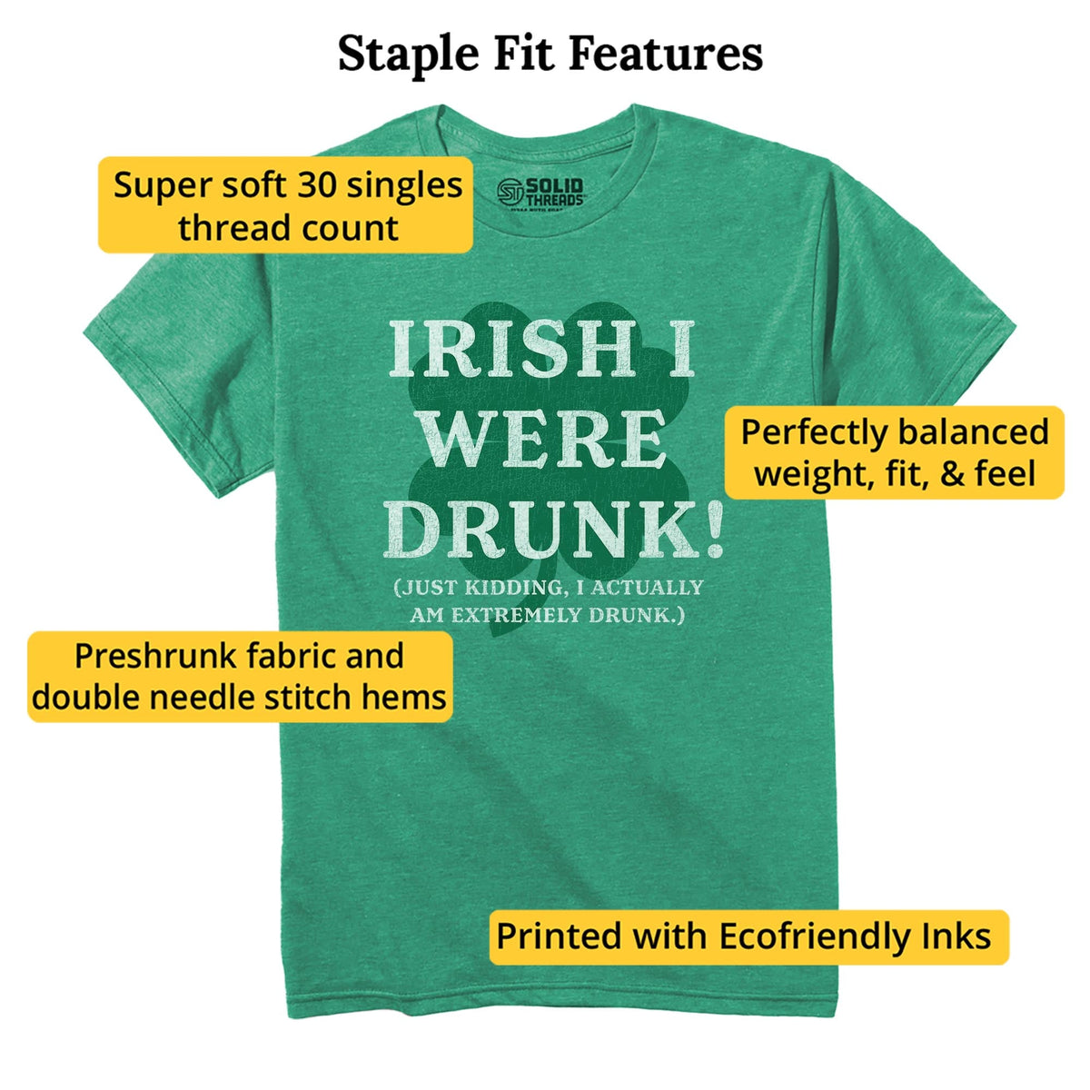 Irish I Were Drunk! Funny Staple T-shirt in Kelly Heather - Fit Attributes