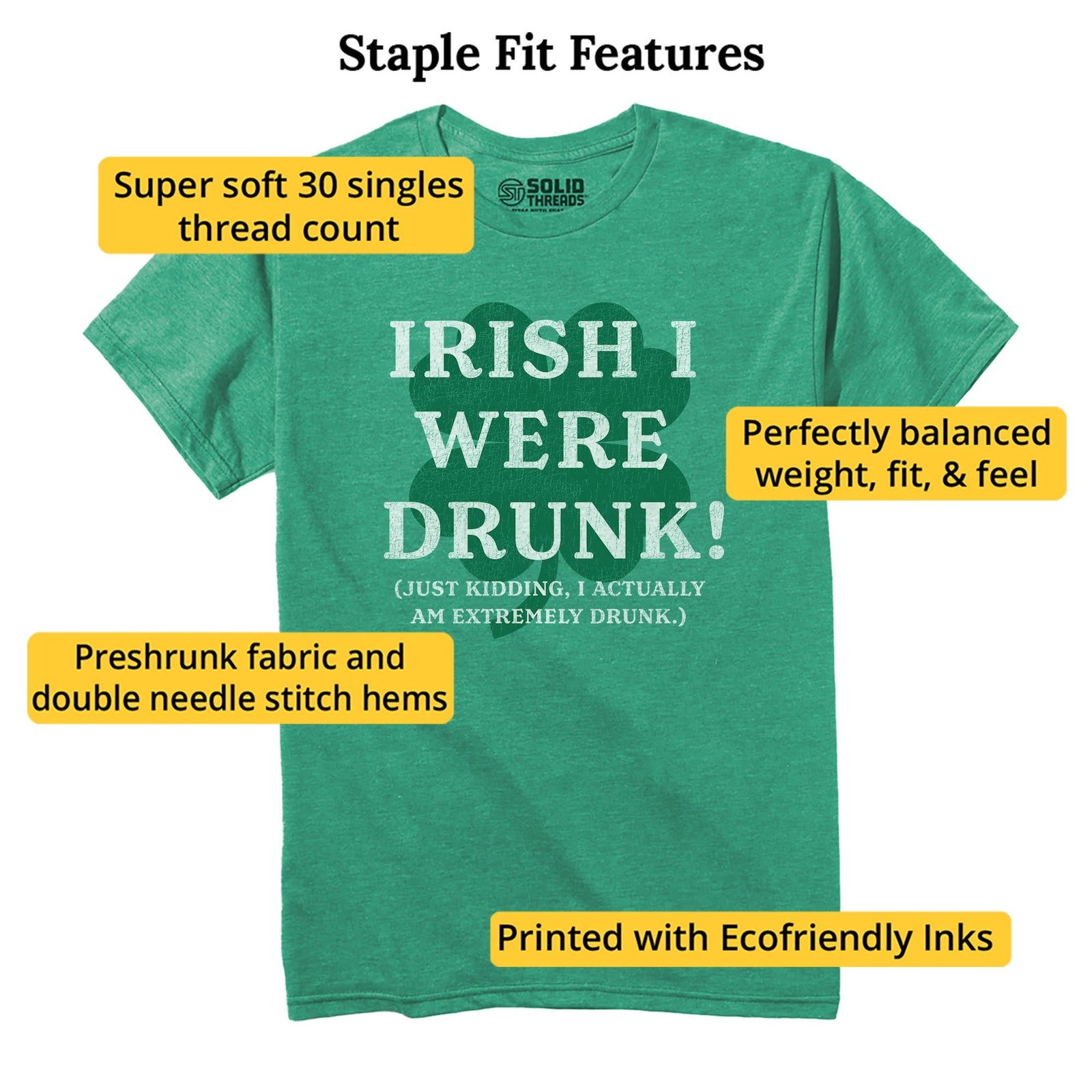 Irish I Were Drunk! Funny Staple T-shirt in Kelly Heather - Fit Attributes