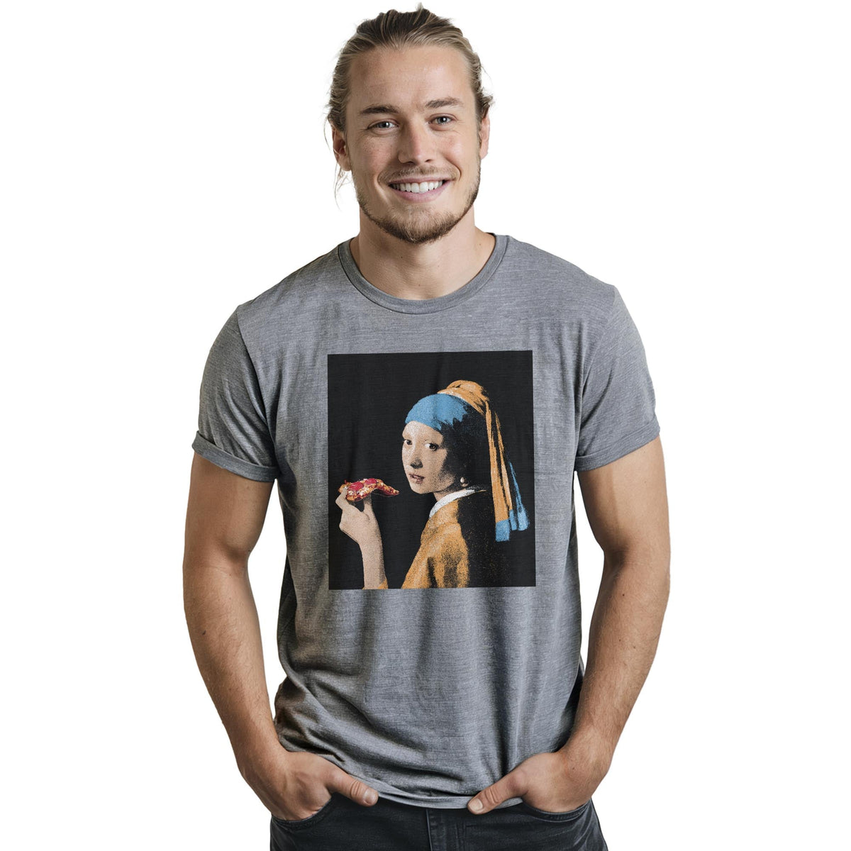 Girl With Pizza Slice Cool Staple T-shirt in Ash Heather On Model - Front View