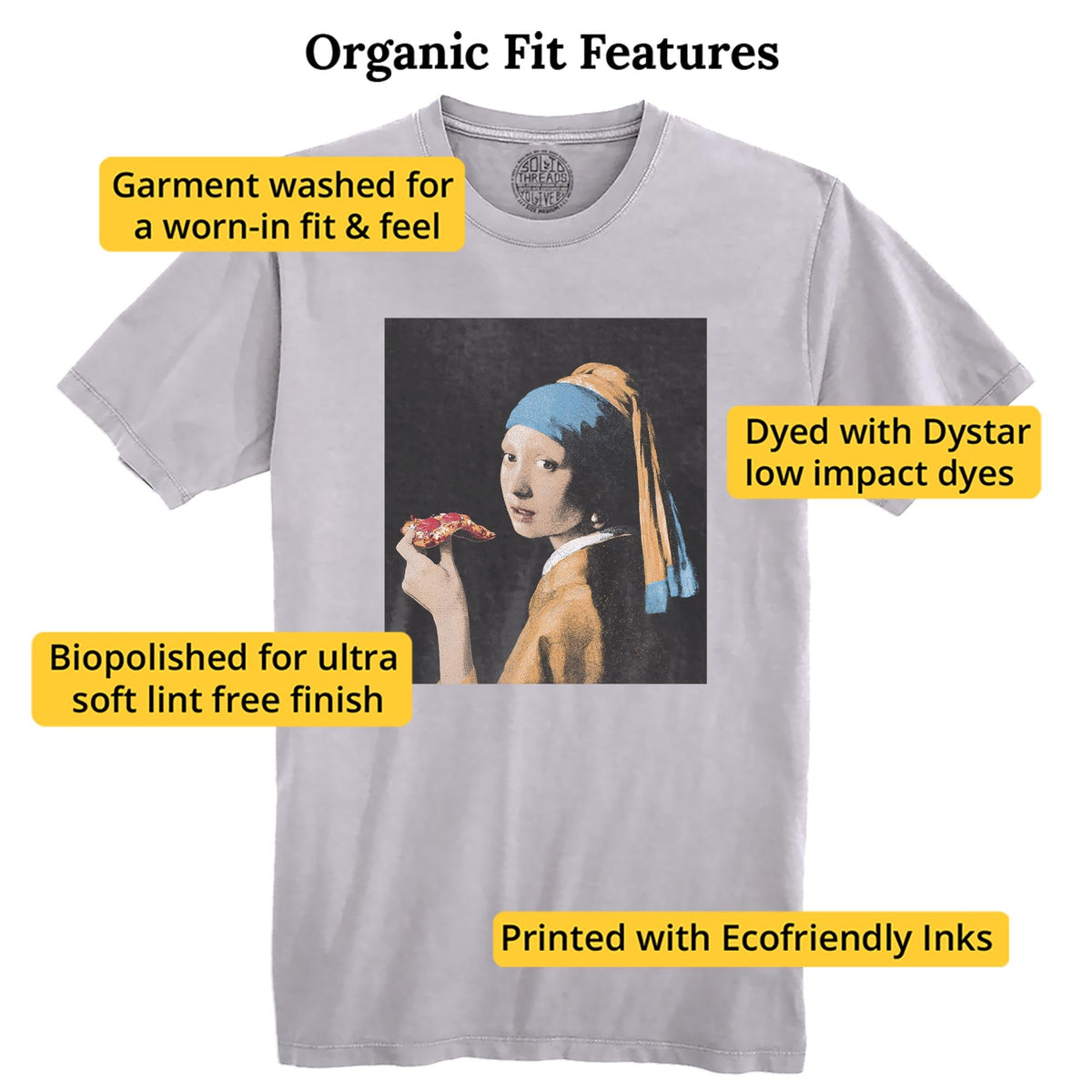 Girl With Pizza Slice Cool Organic T-shirt in Silver - Fit Attributes