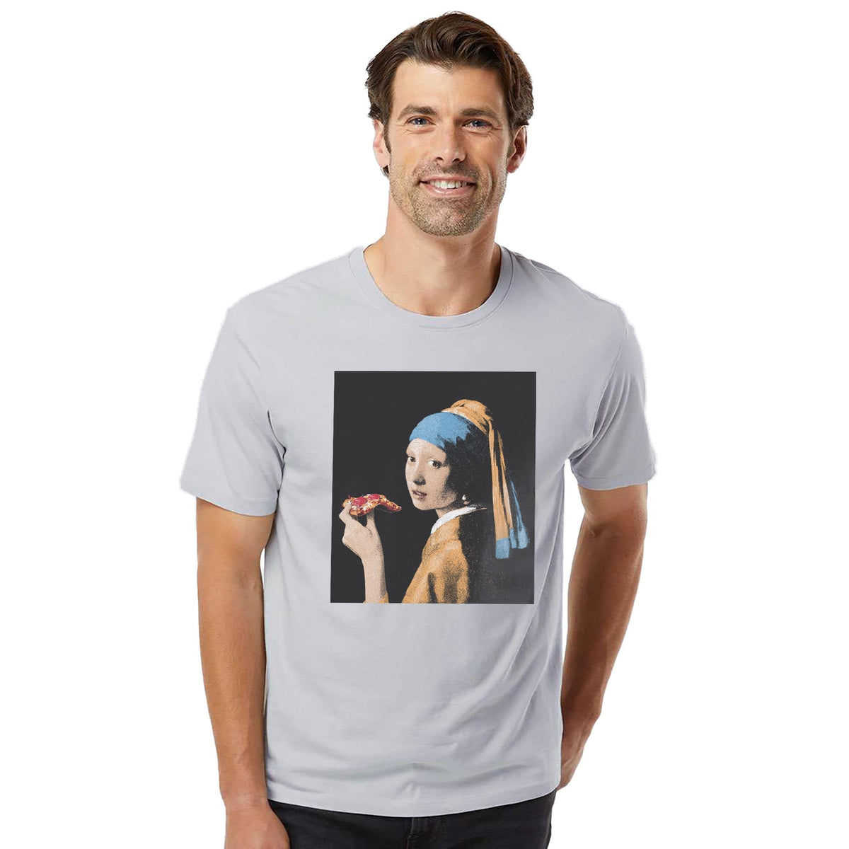 Girl With Pizza Slice Cool Organic T-shirt in Silver On Model - Front View