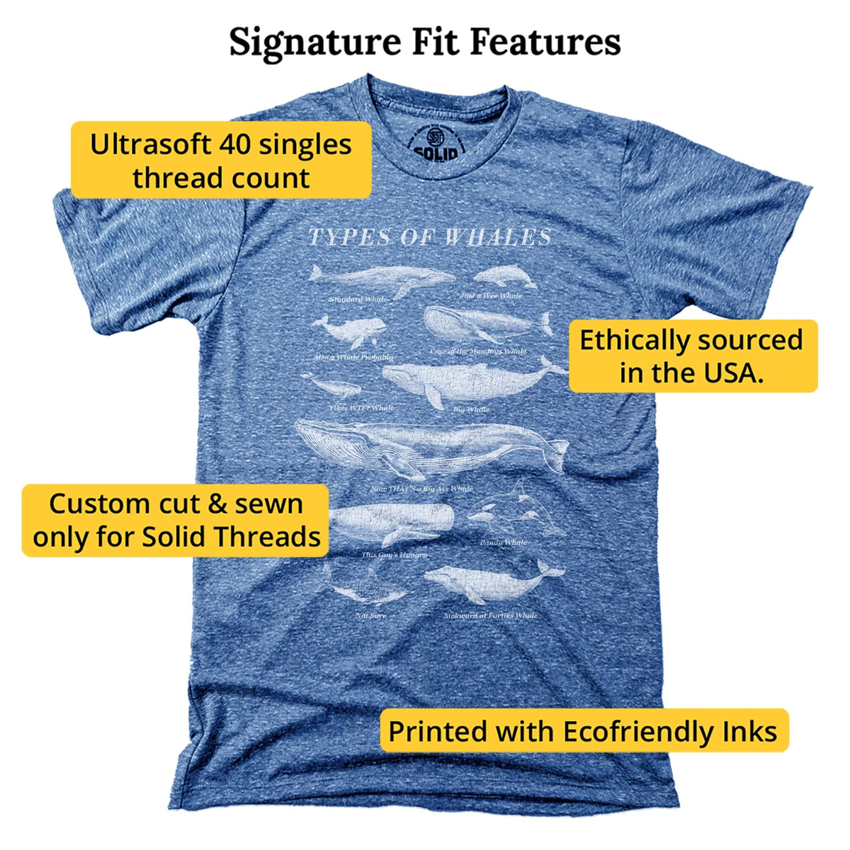 Types Of Whales Funny Signature T-shirt in Triblend Royal - Fit Attributes