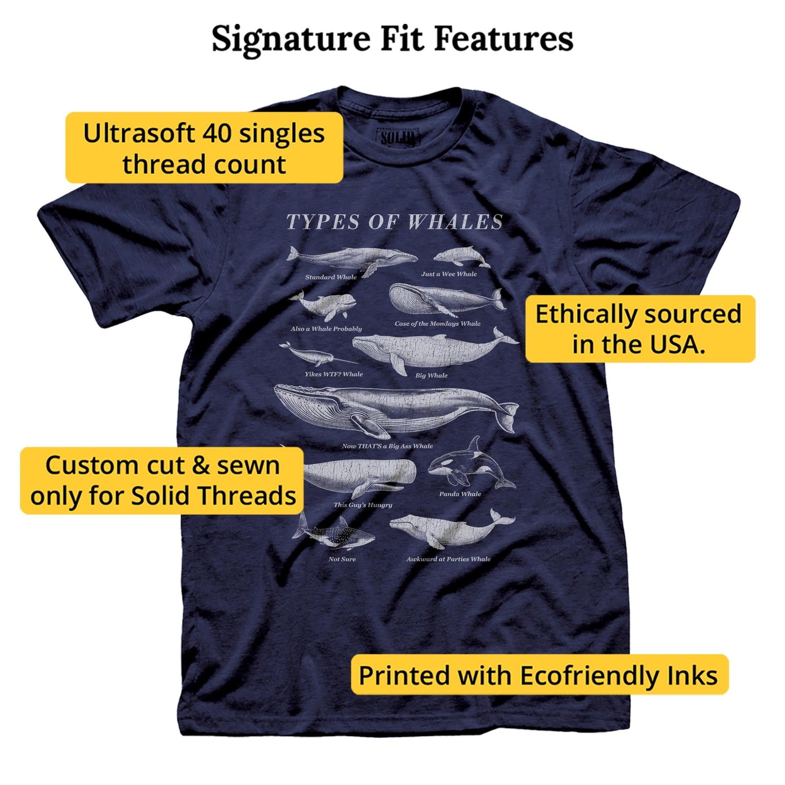 Types Of Whales Funny Signature T-shirt in Navy - Fit Attributes