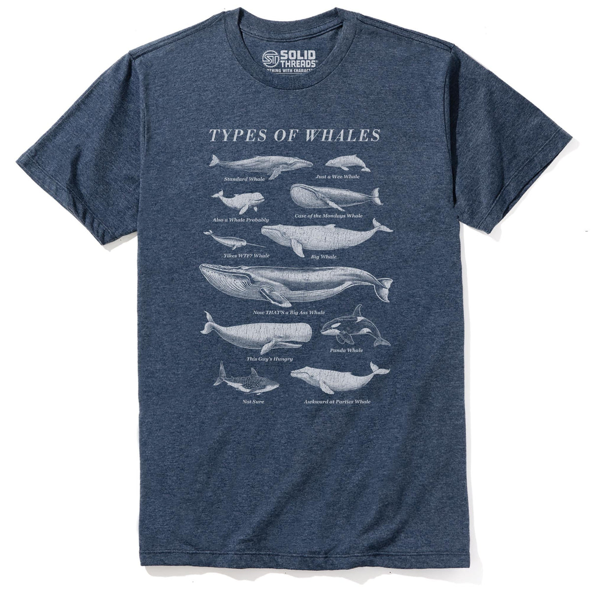 Types Of Whales Funny Staple T-shirt in Navy Heather - Front View