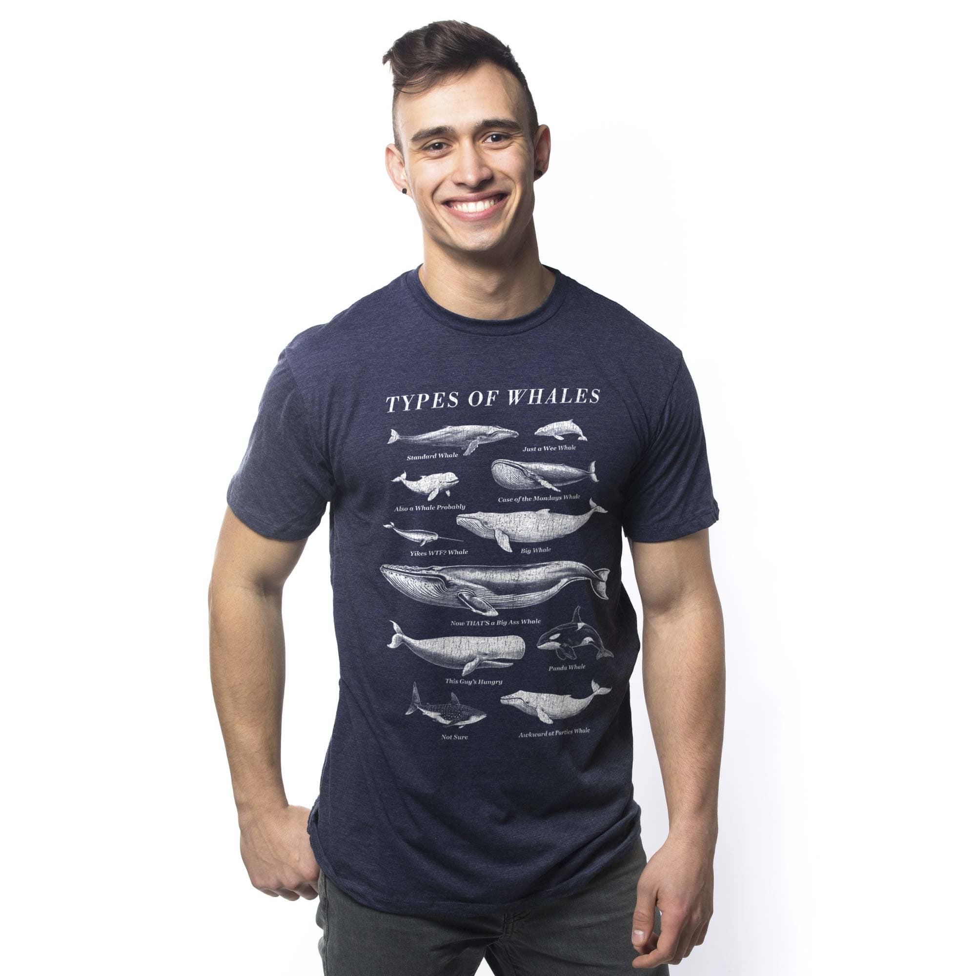 Men's Types Of Whales Funny Marine Life Graphic T-Shirt | Vintage Chart Nature Tee on model | Solid Threads