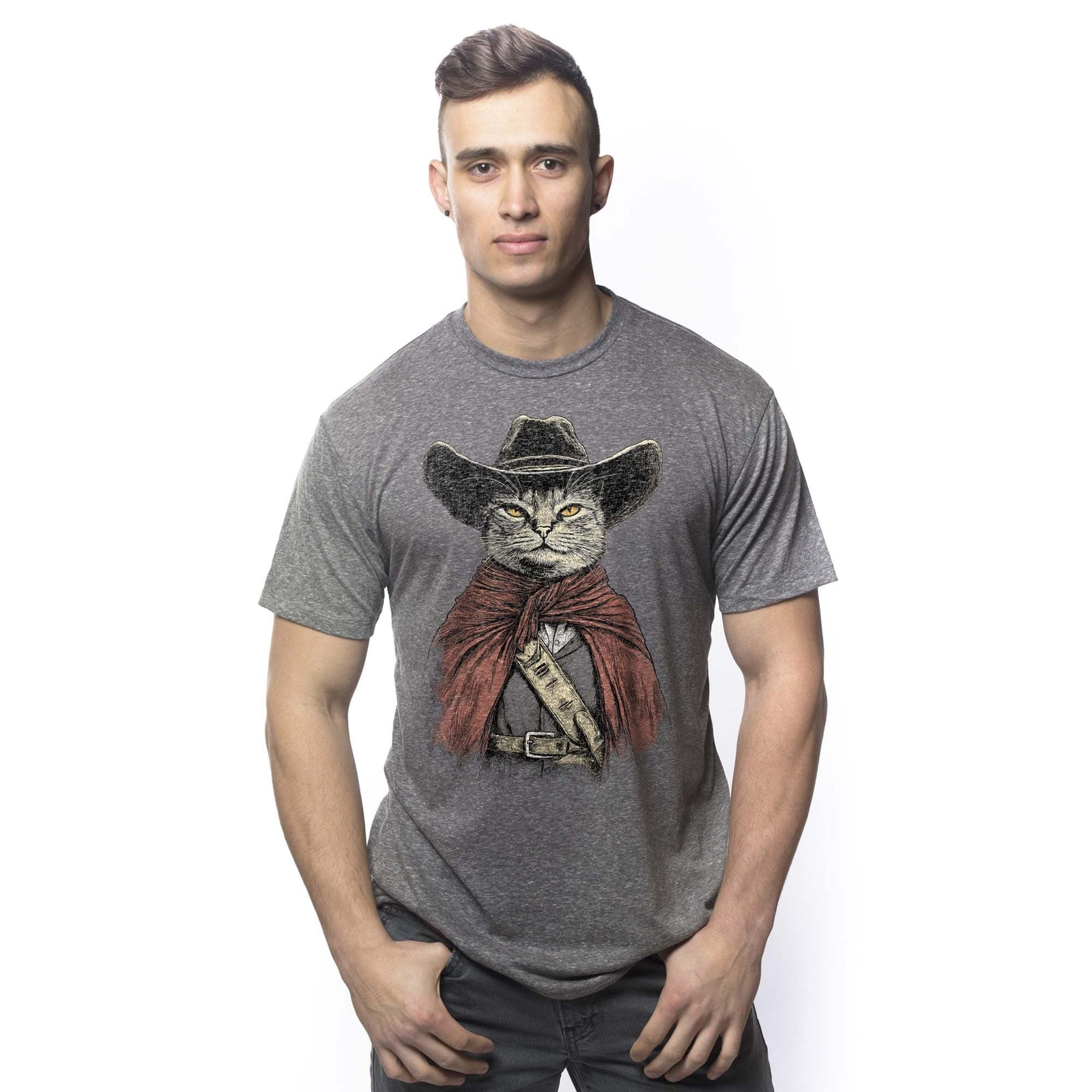 Men's Pawfu Of Dollars Cool Graphic T-Shirt | Vintage Cat Western Parody Tee | Solid Threads