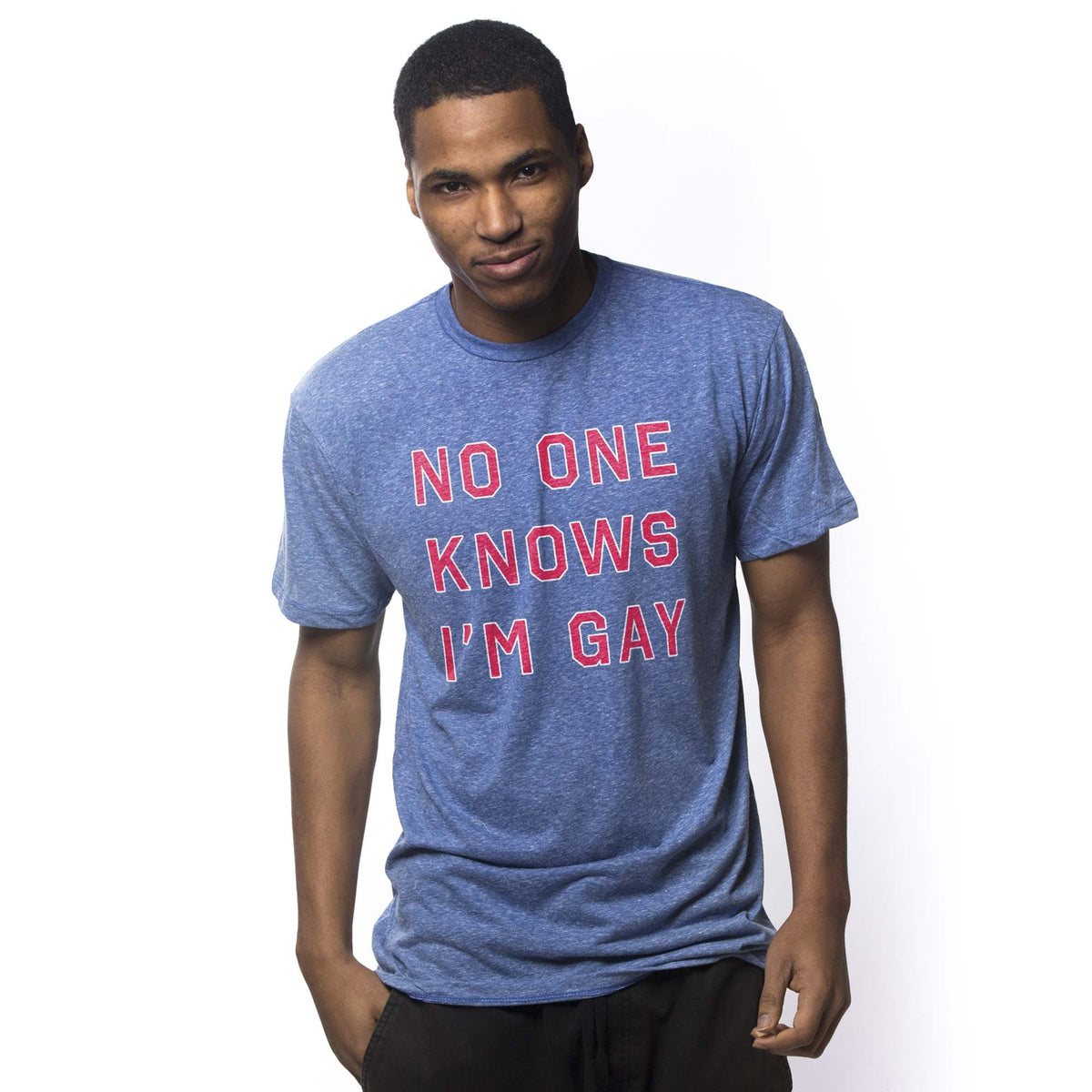 Men's No One Knows Im Gay Vintage Graphic T-Shirt | Funny Lgbtq Pride Ironic Tee On Model | Solid Threads