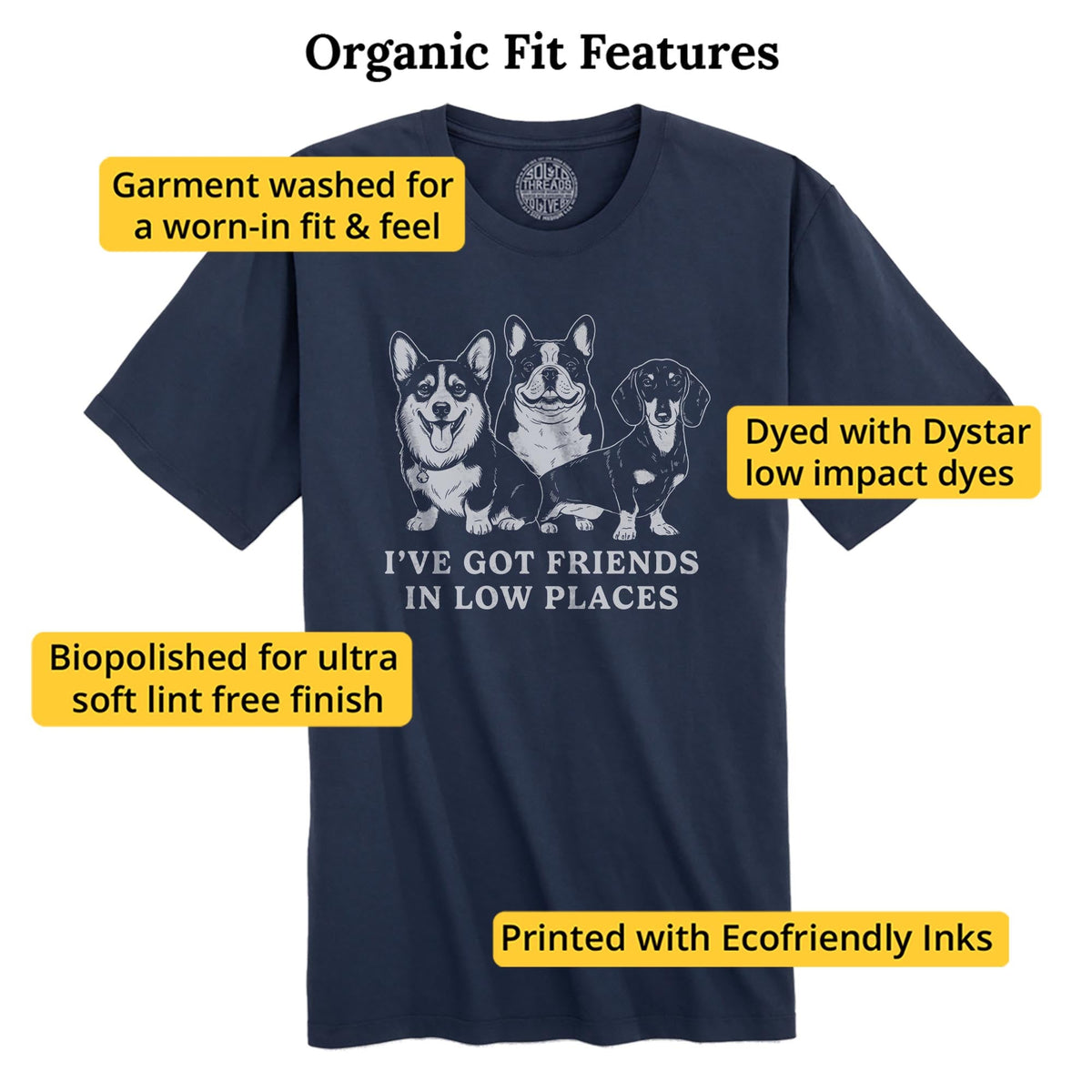 I've Got Friends In Low Places Funny Organic T-shirt in Navy - Fit Attributes