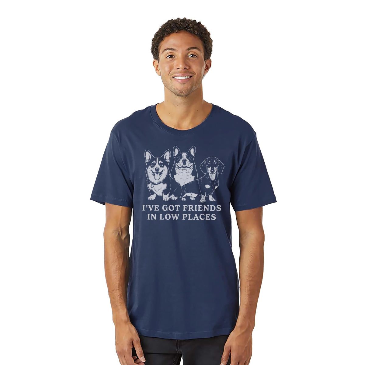 I've Got Friends In Low Places Funny Organic T-shirt in Navy On Model - Front View