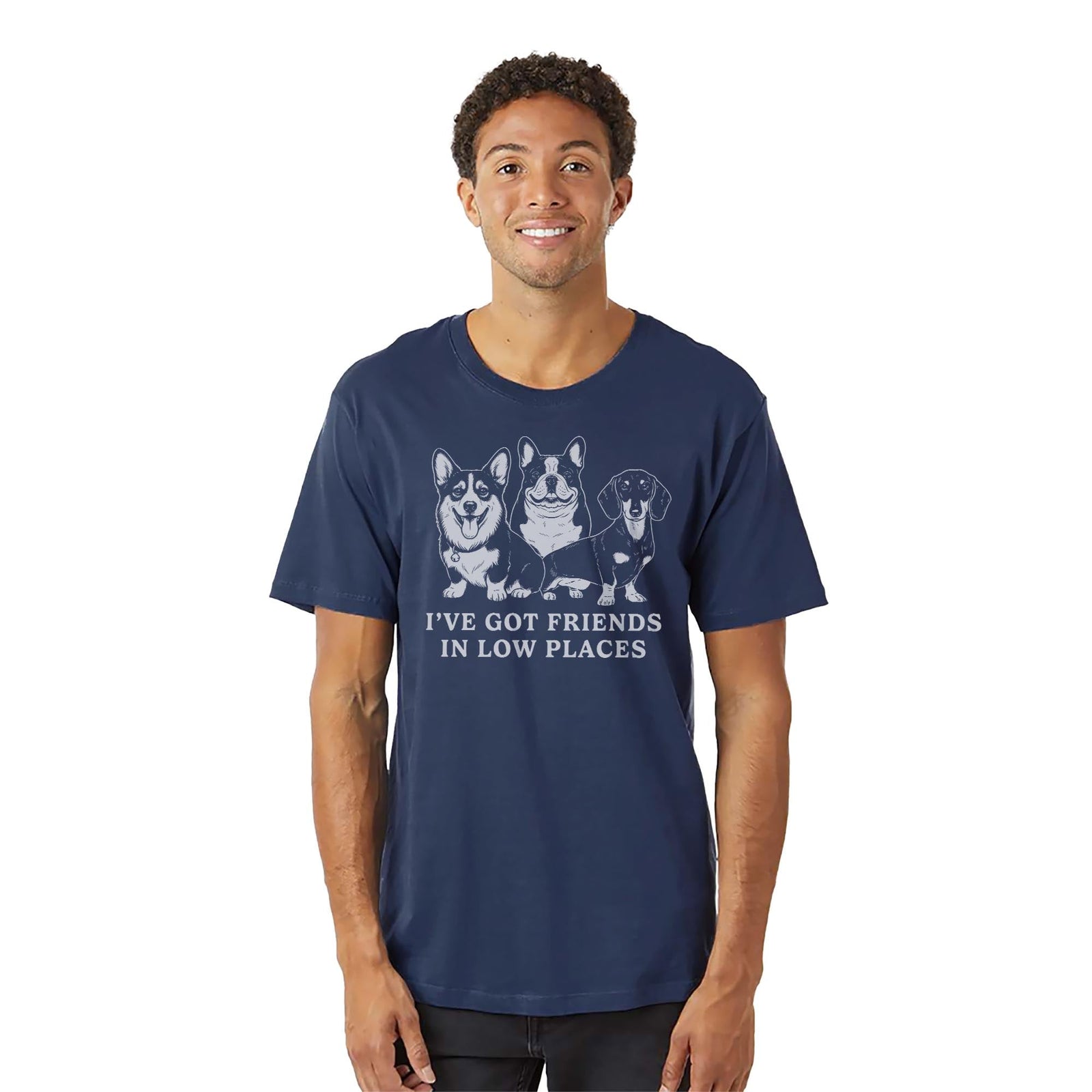 I've Got Friends In Low Places Funny Organic T-shirt in Navy On Model - Front View