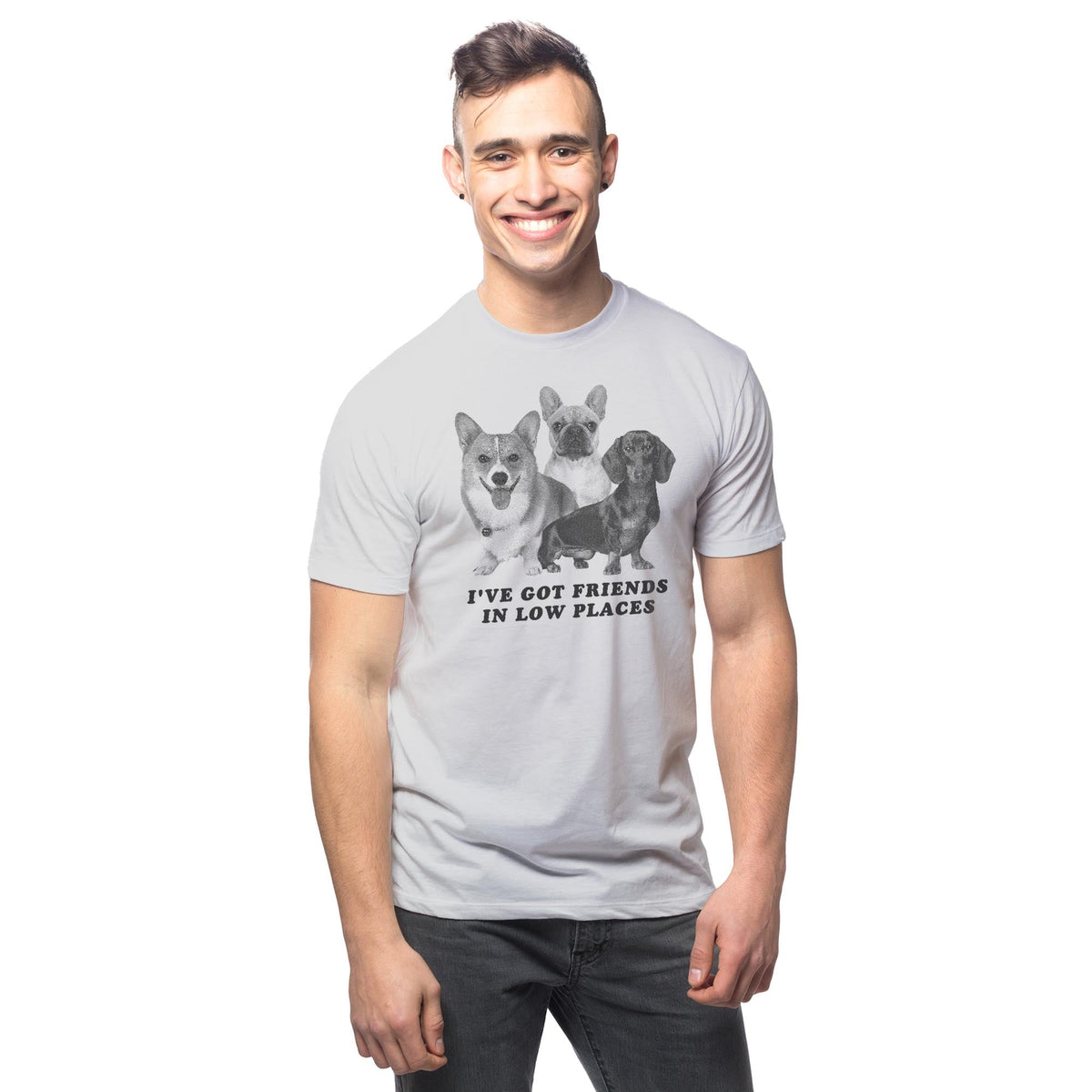 I've Got Friends In Low Places Funny Signature T-shirt in Silver On Model - Front View