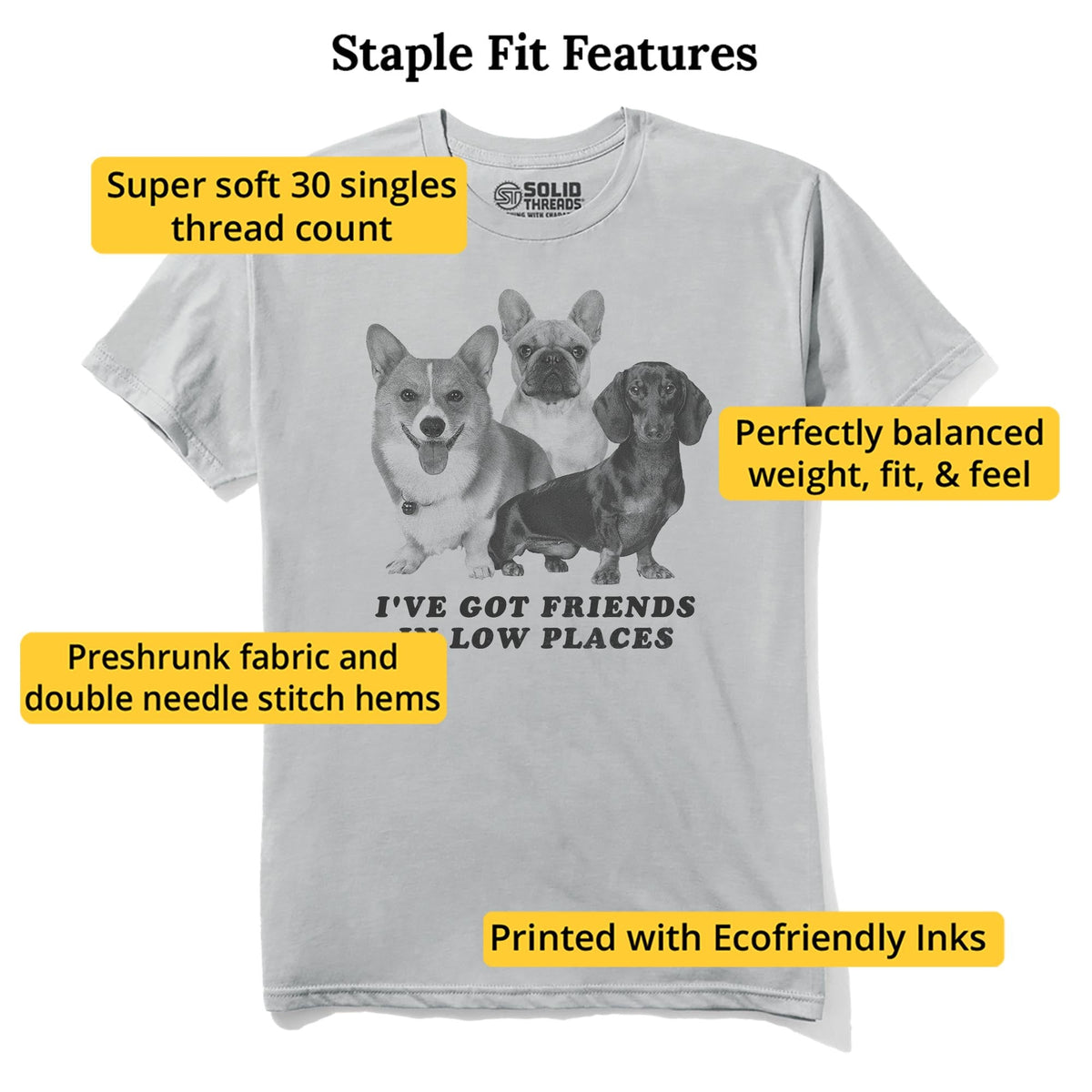 I've Got Friends In Low Places Funny Staple T-shirt in Silver - Fit Attributes
