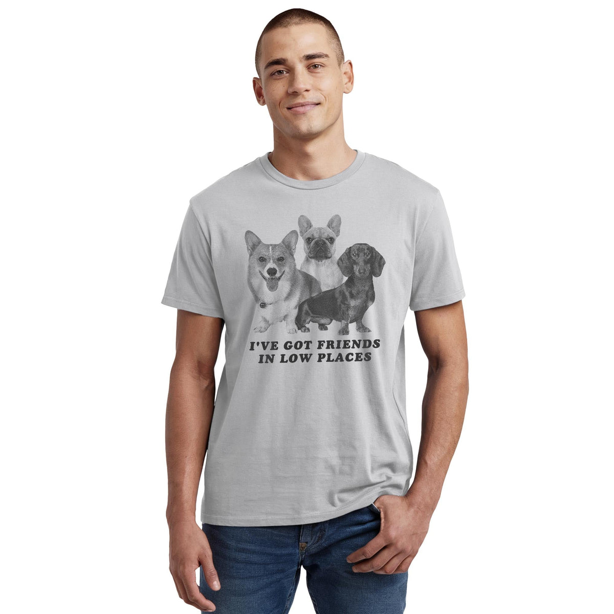 I've Got Friends In Low Places Funny Staple T-shirt in Silver On Model - Front View