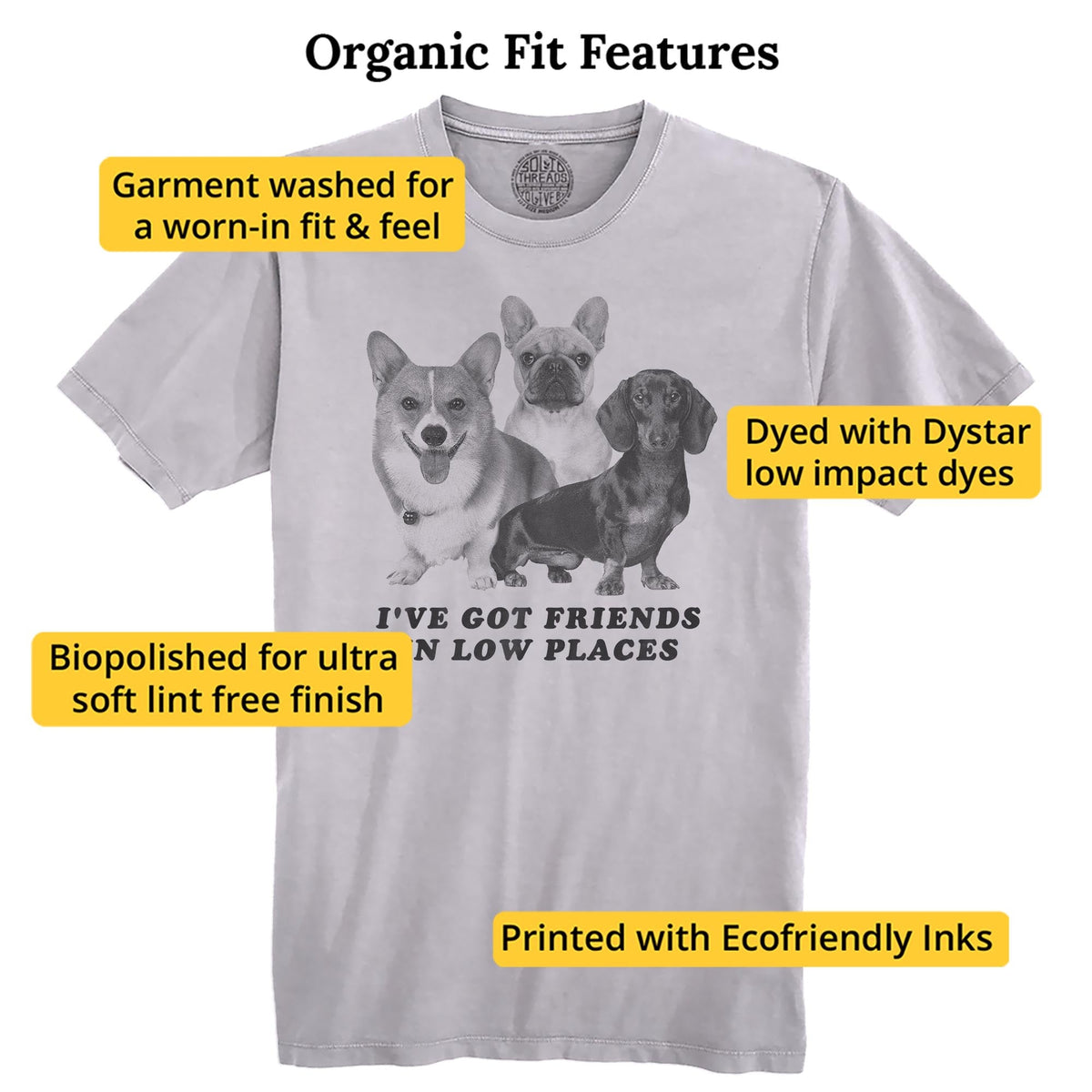 I've Got Friends In Low Places Funny Organic T-shirt in Silver - Fit Attributes