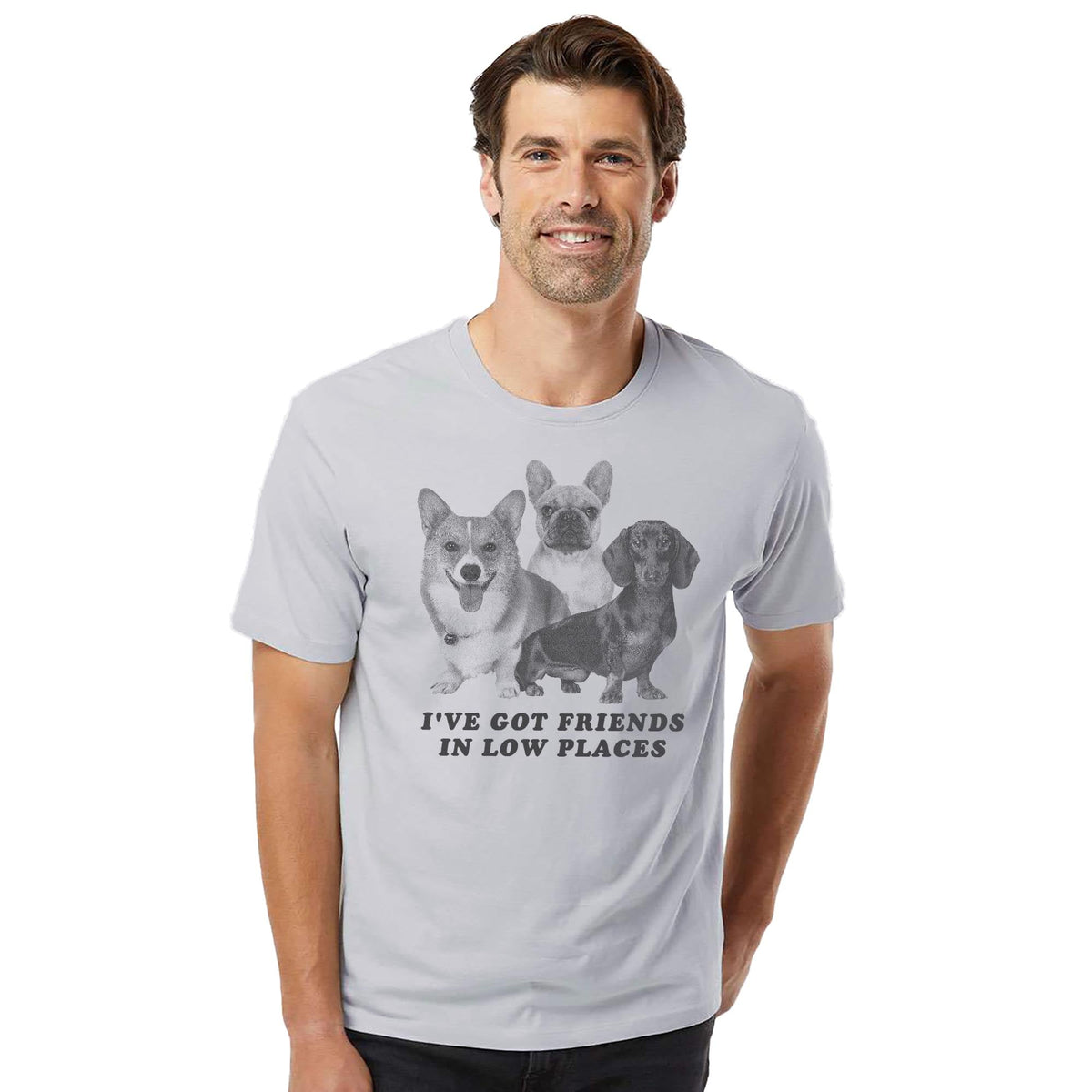 I've Got Friends In Low Places Funny Organic T-shirt in Silver On Model - Front View