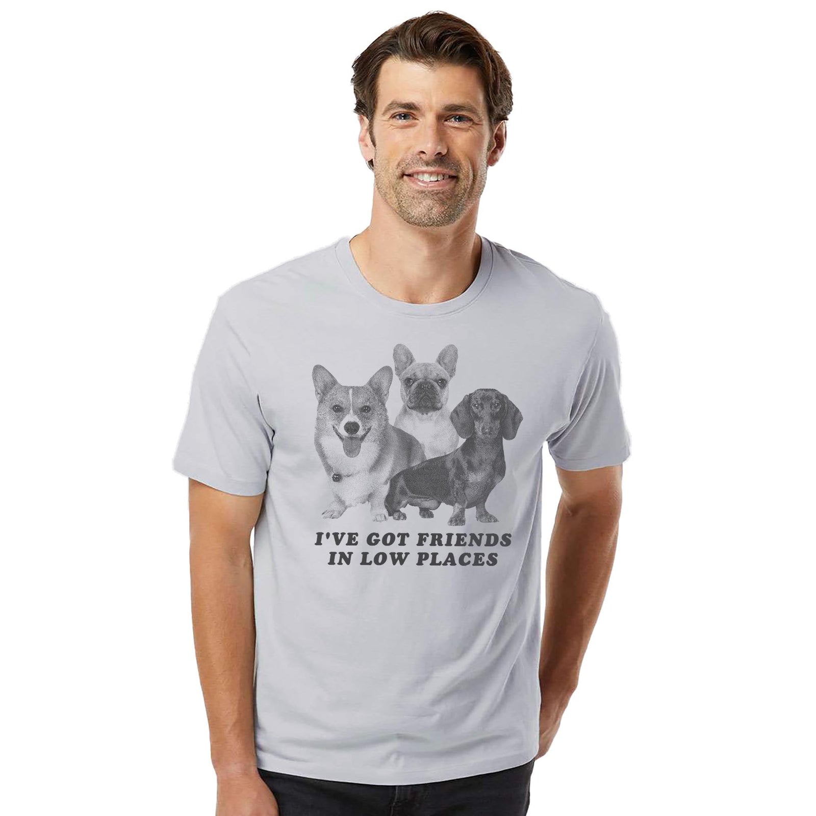 I've Got Friends In Low Places Funny Organic T-shirt in Silver On Model - Front View