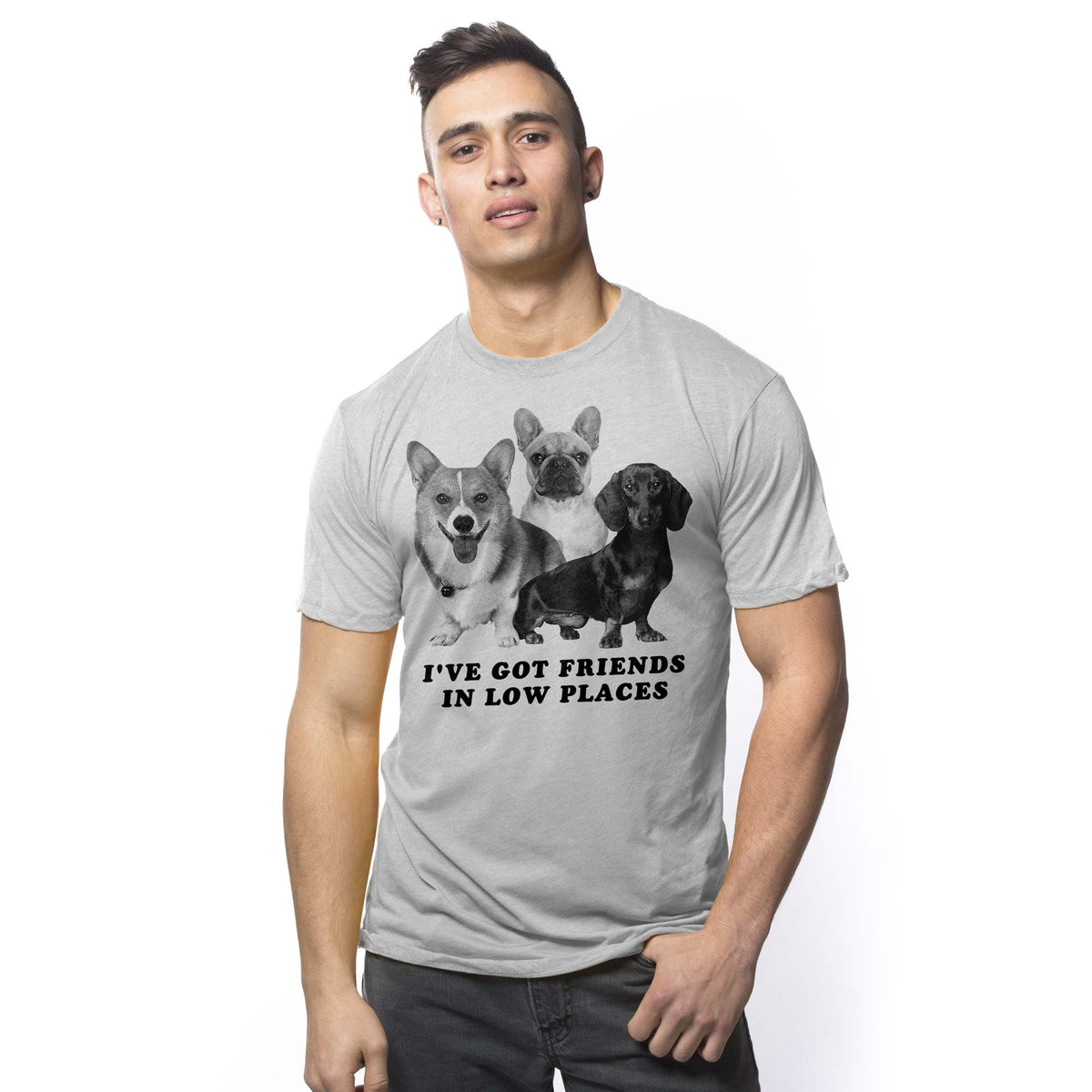 Men's I'Ve Got Friends In Low Places Funny Graphic T-Shirt | Cool Dog Pun  Tee On Model | Solid Threads