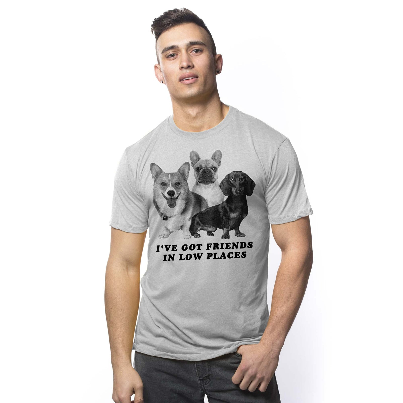 Men's I'Ve Got Friends In Low Places Funny Graphic T-Shirt | Cool Dog Pun  Tee On Model | Solid Threads