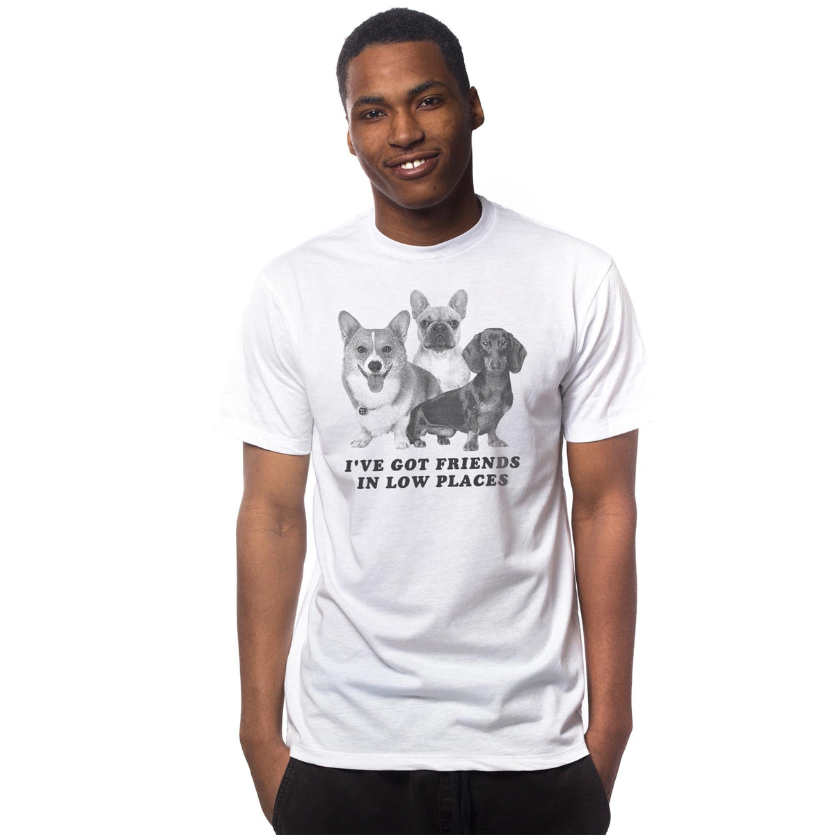 I've Got Friends In Low Places Funny Signature T-shirt in White On Model - Front View