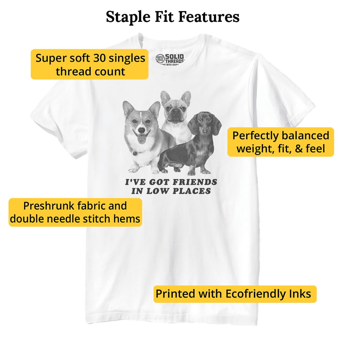 I've Got Friends In Low Places Funny Staple T-shirt in White - Fit Attributes