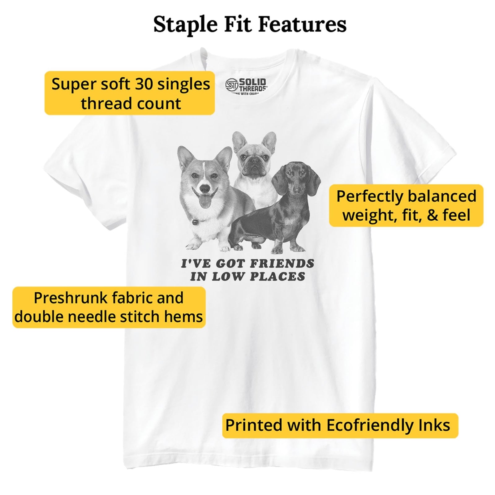I've Got Friends In Low Places Funny Staple T-shirt in White - Fit Attributes