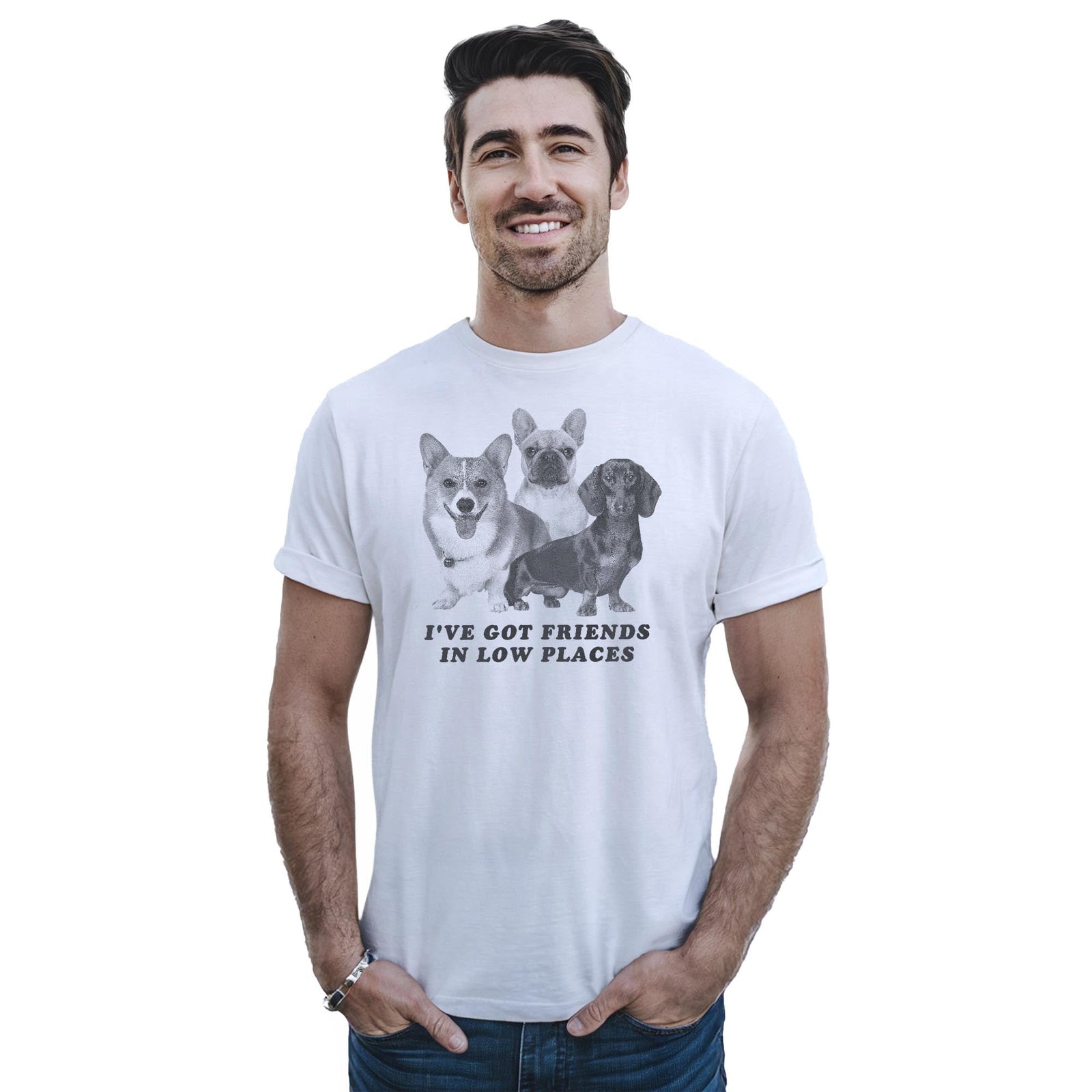 I've Got Friends In Low Places Funny Staple T-shirt in White On Model - Front View