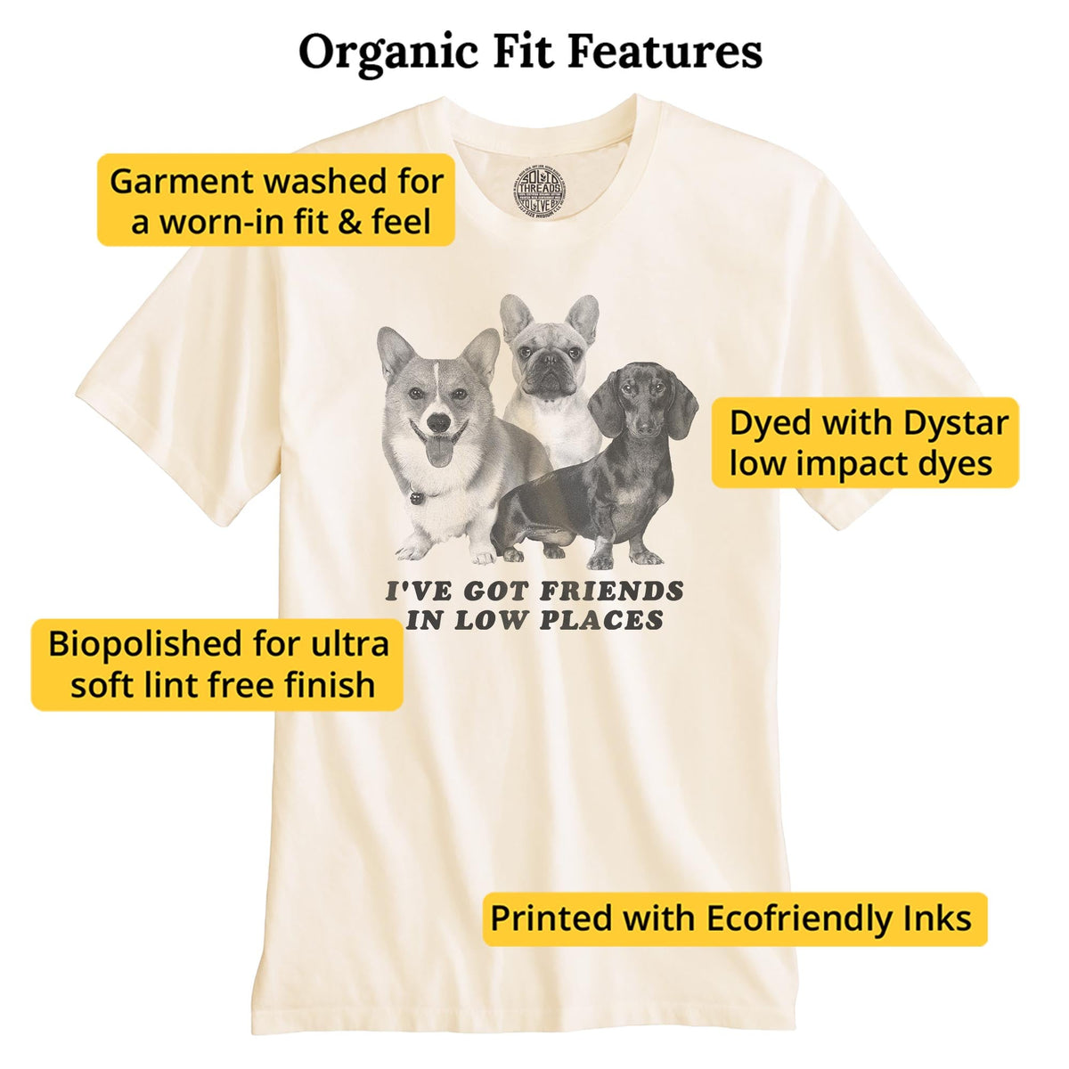I've Got Friends In Low Places Funny Organic T-shirt in Ivory - Fit Attributes