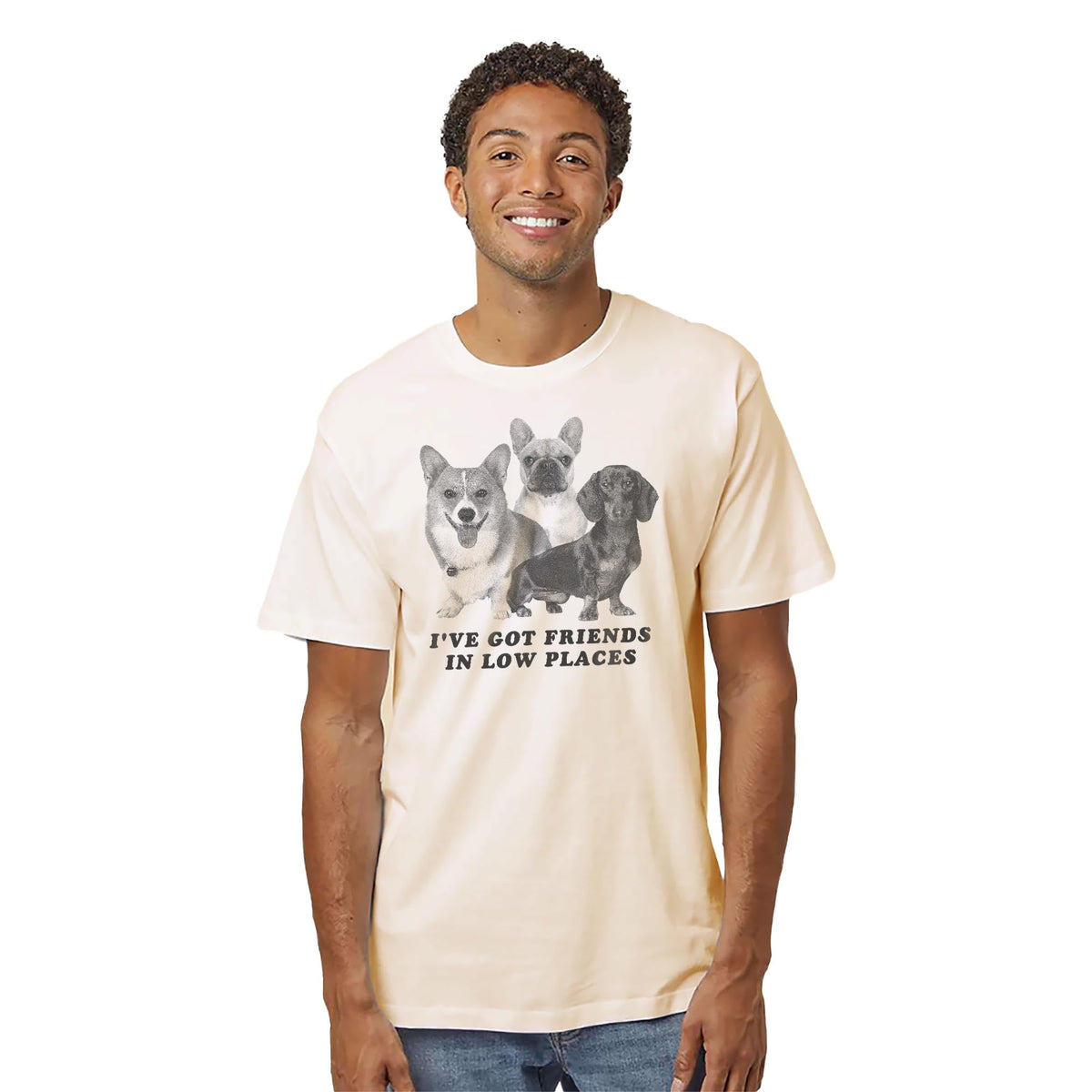 I've Got Friends In Low Places Funny Organic T-shirt in Ivory On Model - Front View