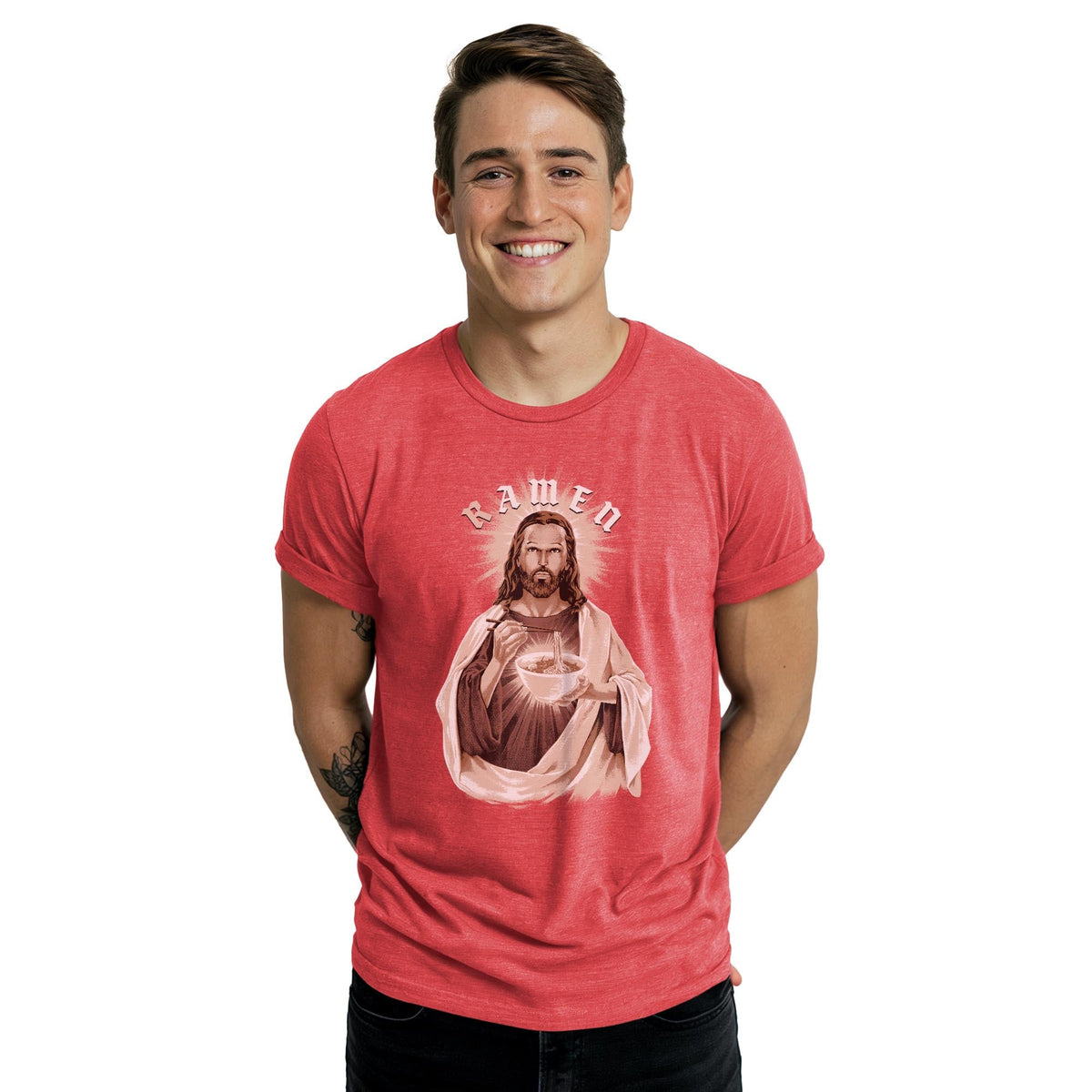 R Amen Funny Staple T-shirt in Red Heather On Model - Front View