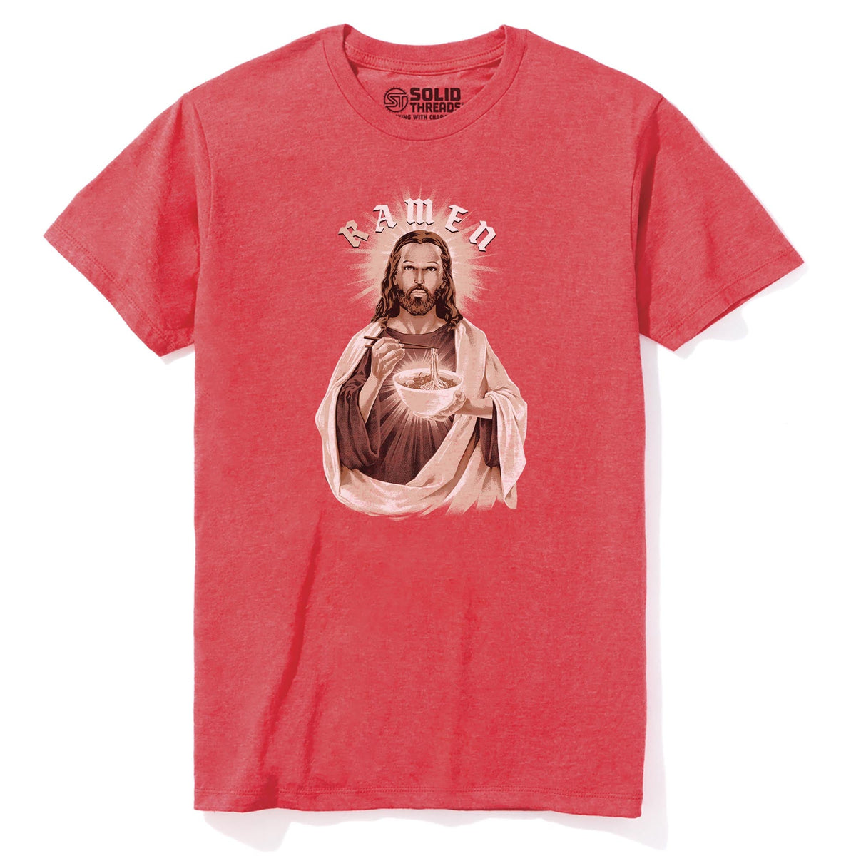 R Amen Funny Staple T-shirt in Red Heather - Front View