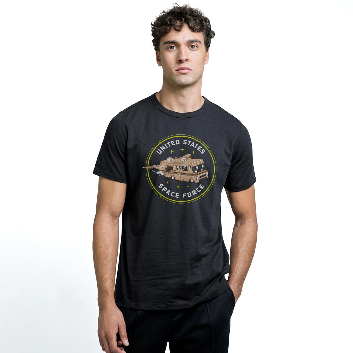 Space Force Designer Staple T-shirt in Black On Model - Front View
