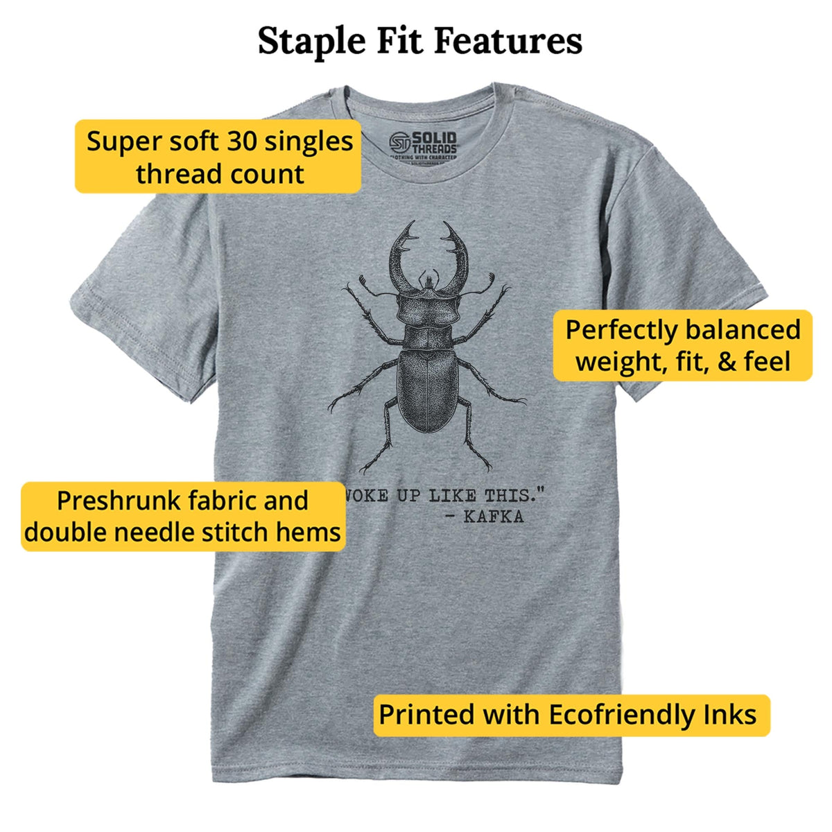 I Woke Up Like This - Kafka Funny Staple T-shirt in Ash Heather - Fit Attributes