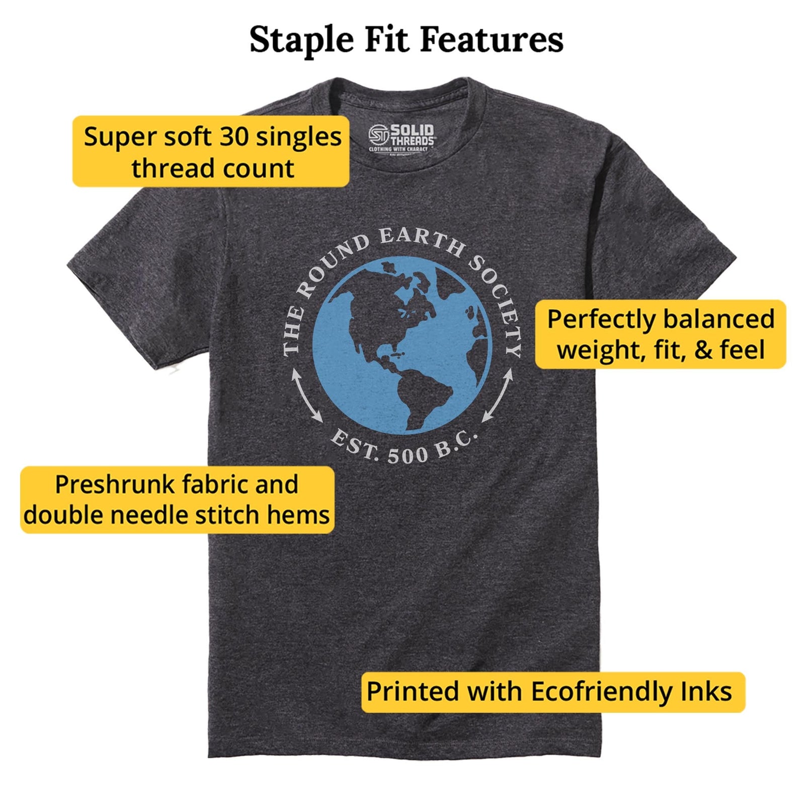 Round Earth Society Cool Staple T-shirt in Charcoal Heather - Fit Attributes